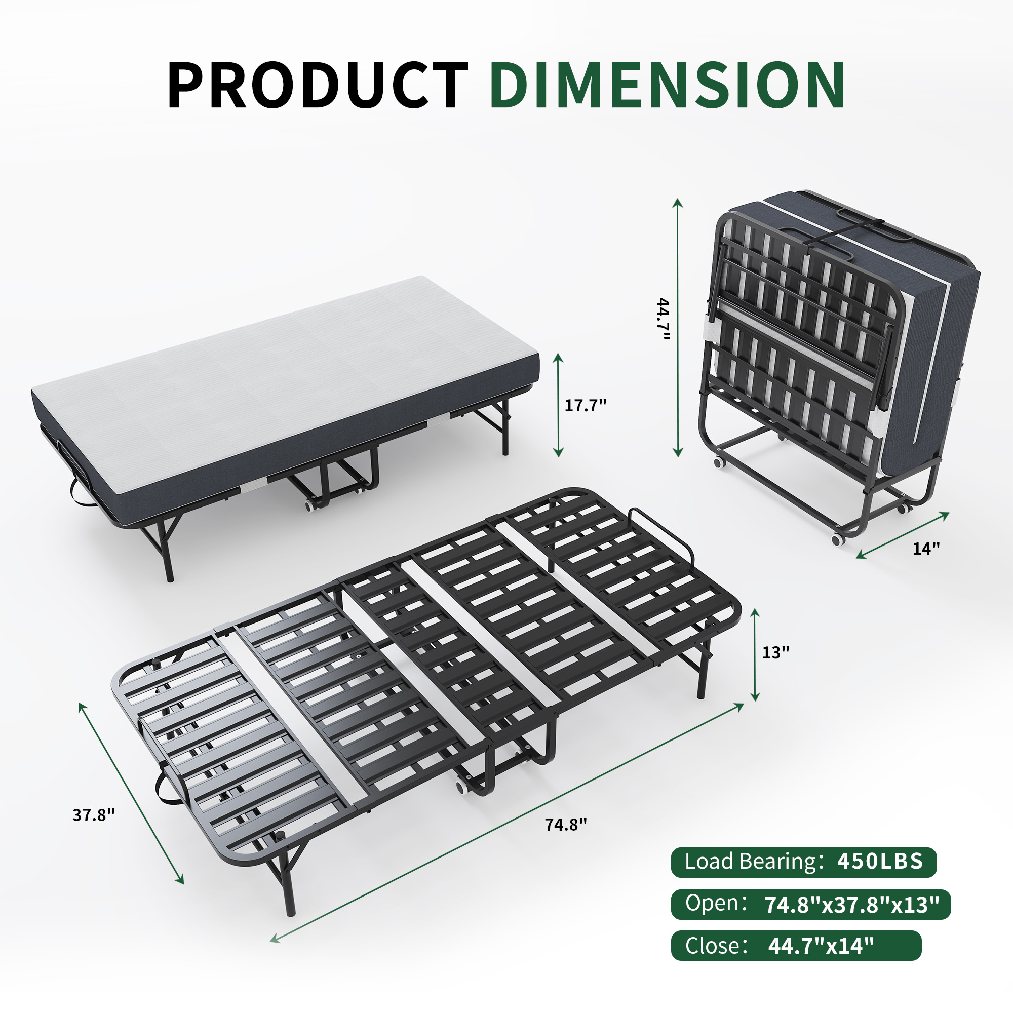 75 X 38 Inch Extra Long Folding Bed For Tall People, Heavy-Duty 450lbs Capacity Rollaway Guest Bed With 5 Memory Foam Mattress, Portable Space Saving Twin Size Bed