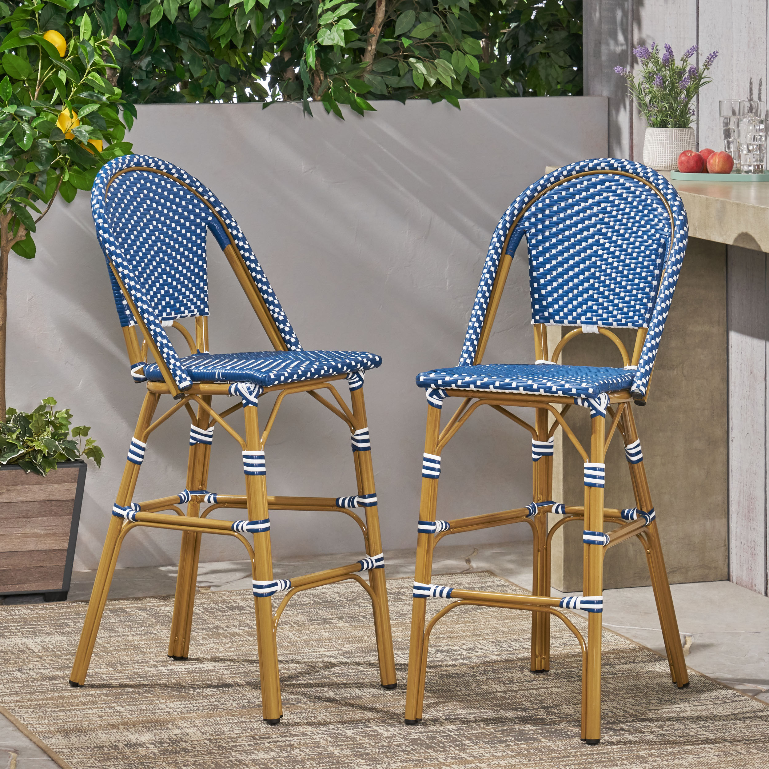 29.5 Outdoor PE Rattan French Barstool, Dark Teal And White, Aluminum Frame With Bamboo Finish Set Of 2