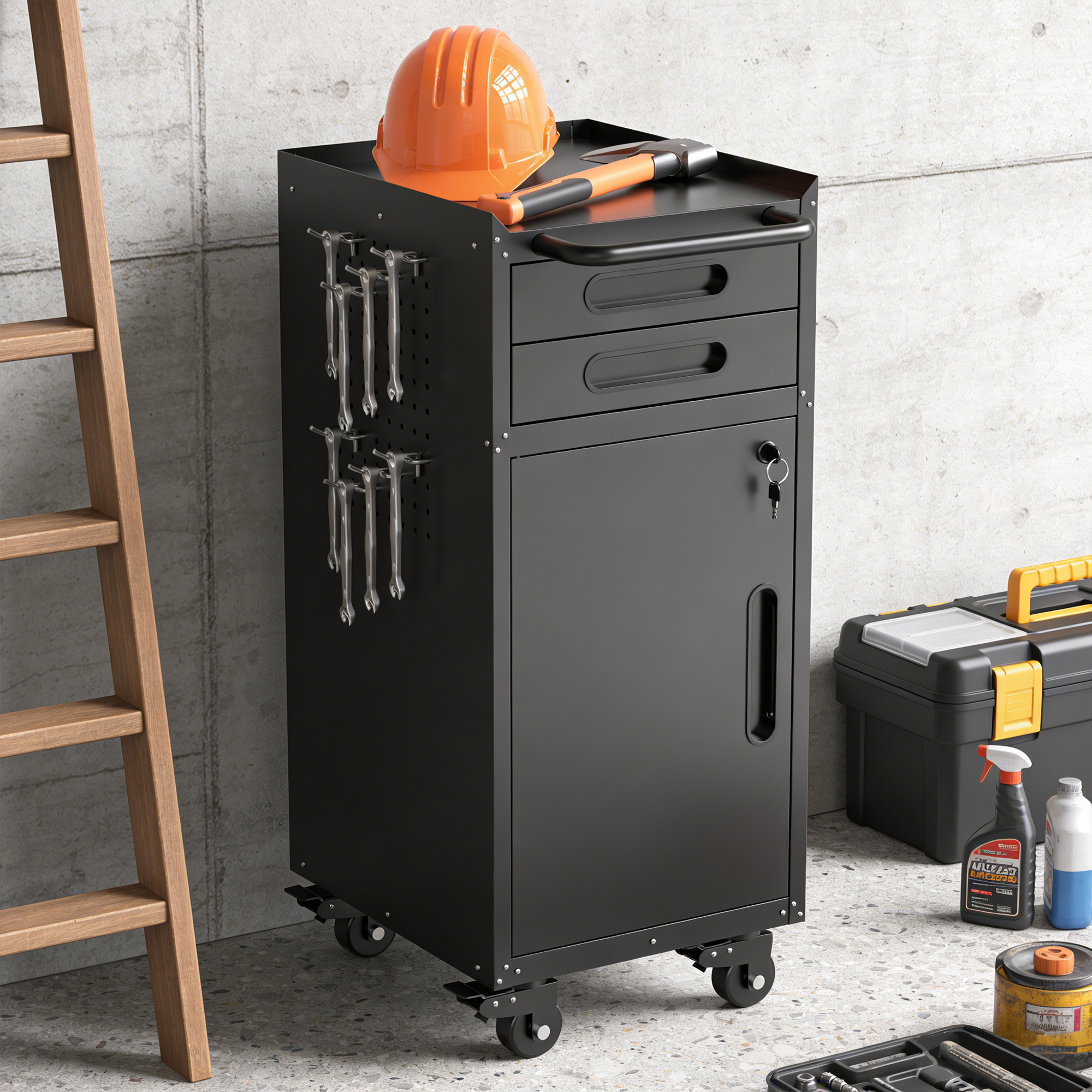 34.3 Narrow Rolling Tool Cabinet - Space-Saving Garage Storage With Lockable Door, 2 Drawers And Large Handle, Slim Metal Organizer For Tight Spaces