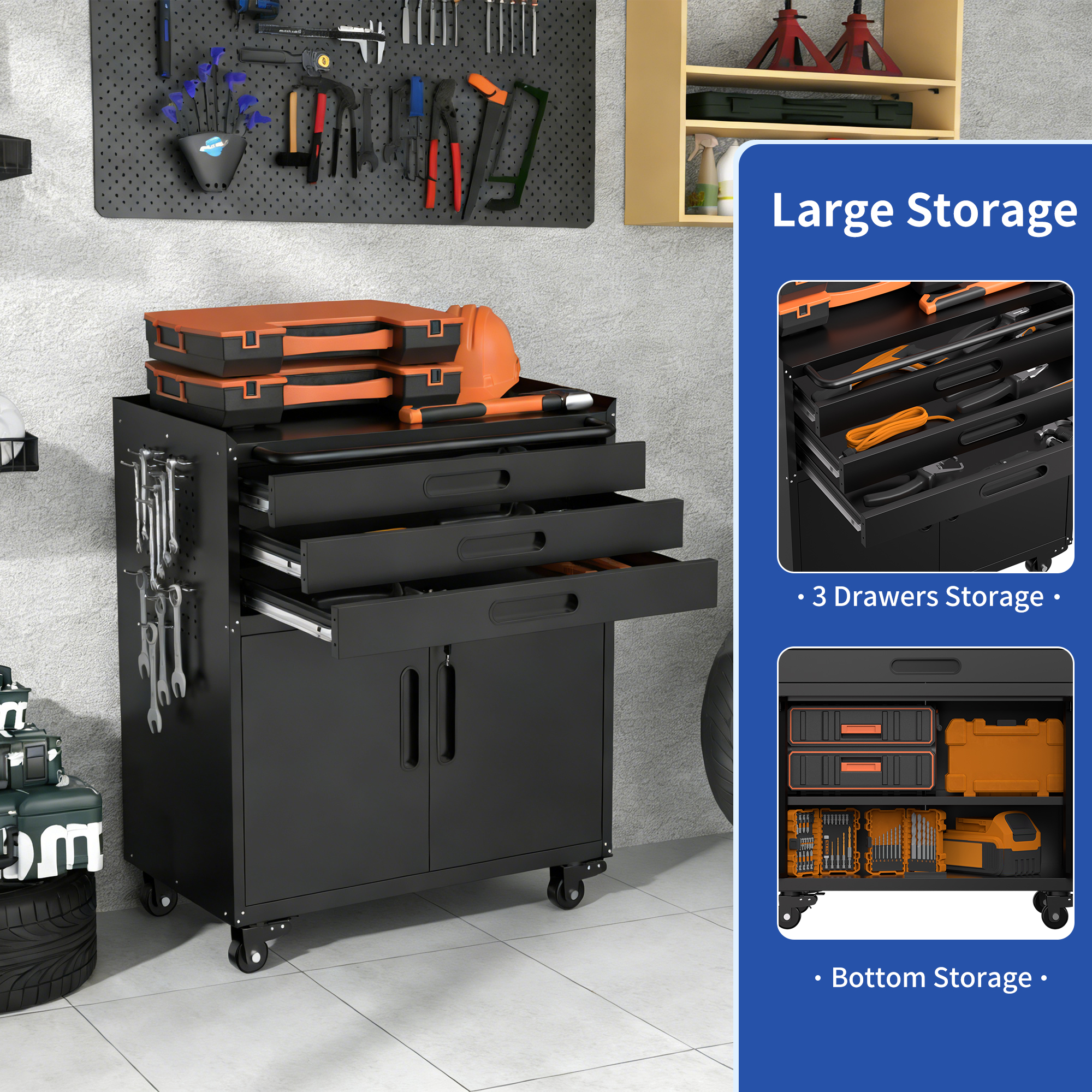 34.3 Rolling Metal Tool Cabinet - Heavy Duty Garage Storage With Lockable Doors & 3 Drawers, Mobile Workbench Organizer For Garage, Workshop, Home detail