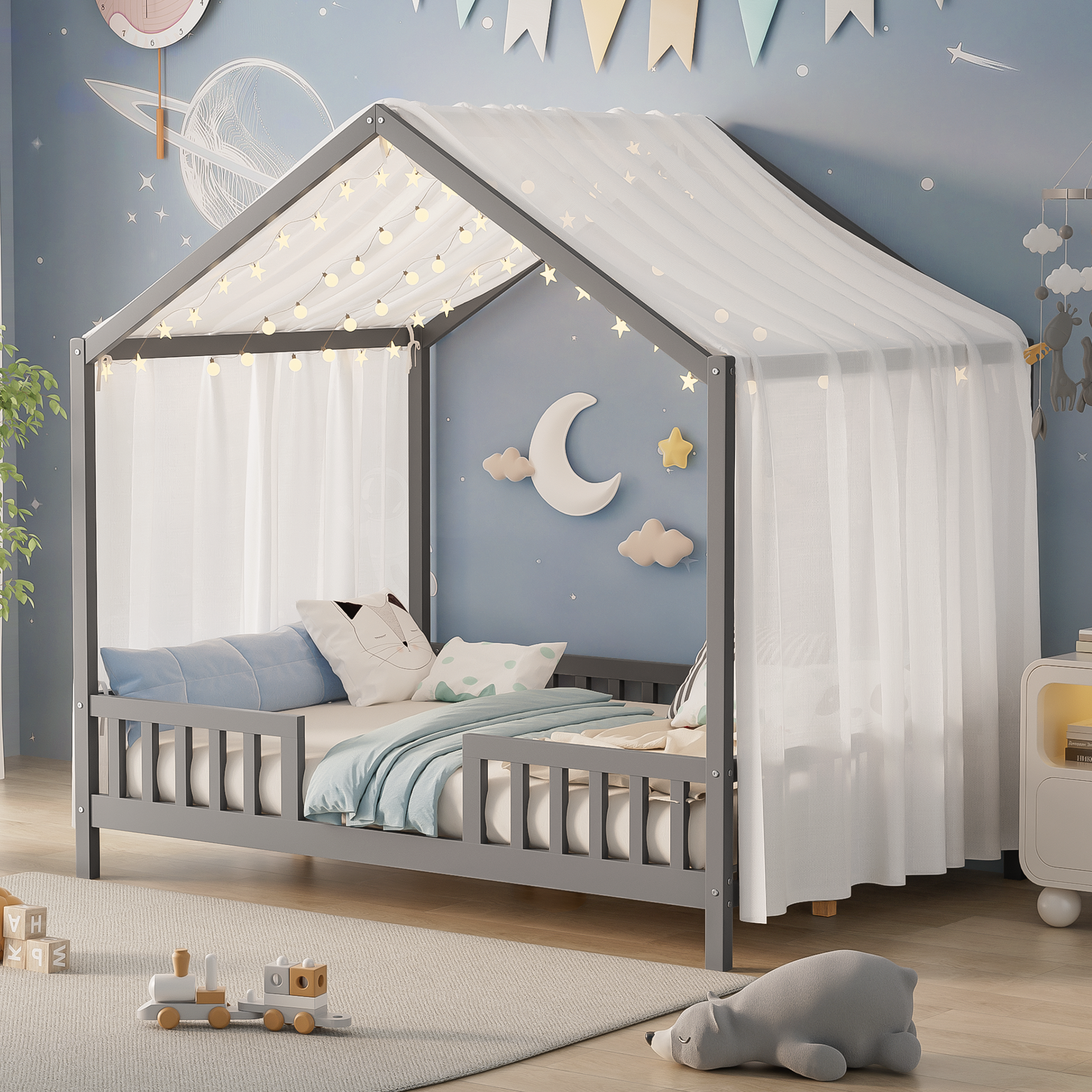 Montessori Floor Bed With Canopy, Full Bed Frame For Kids, House Shape Toddler Bed Frame With High Railings, Wood Kids Bed With Roof, Kid Full Bed, Grey