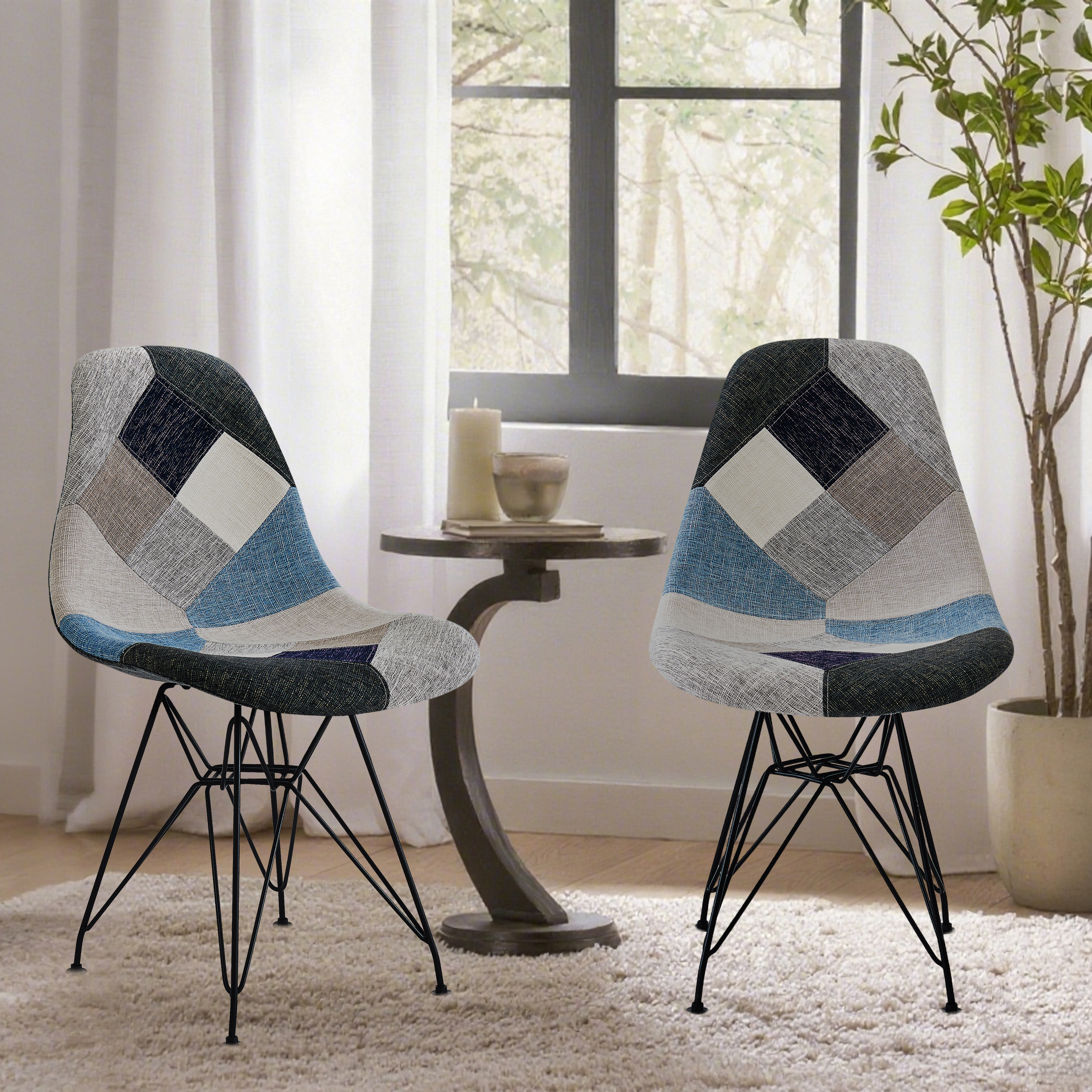 Patchwork Accent Chair Bohemian Style Fabric Chair With Chromed Legs Geometric Pattern Chair, 18D X 21W X 32H, Set Of 2