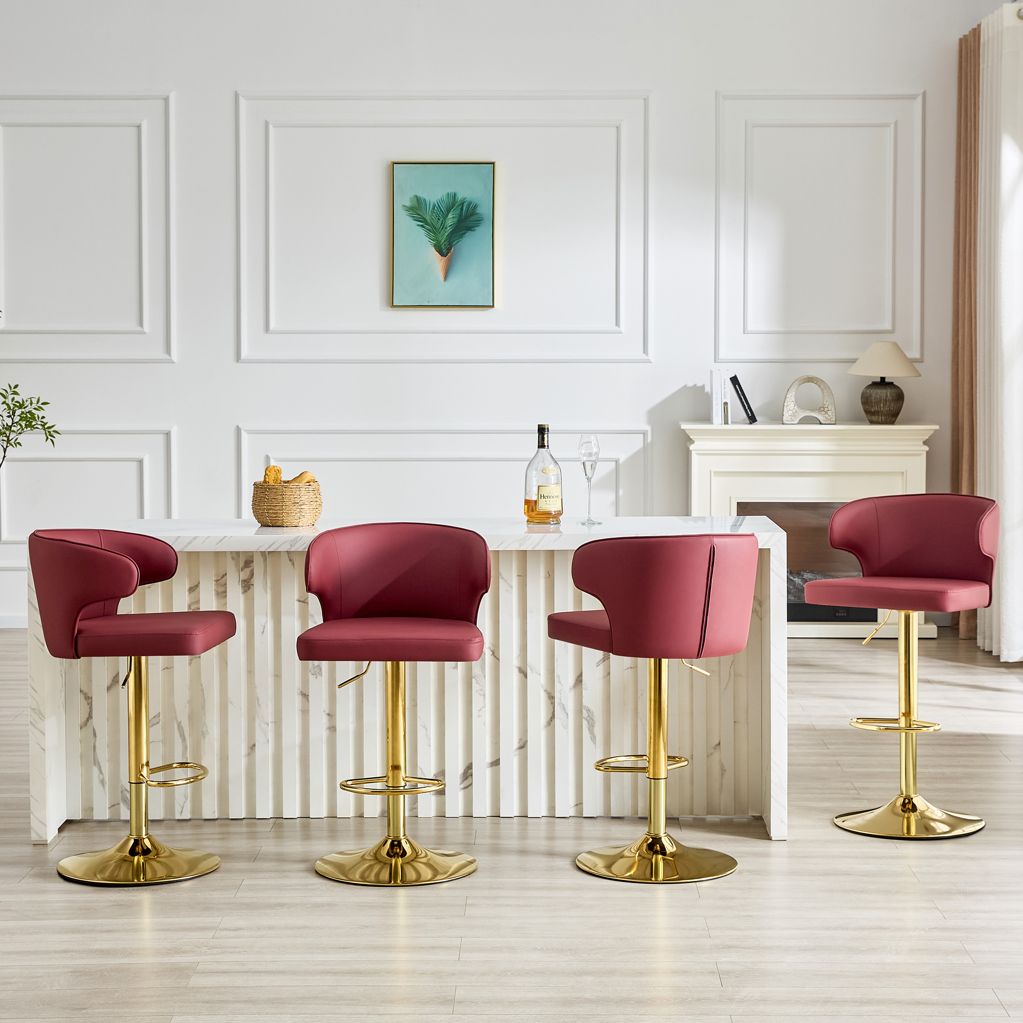 Modern Rotating Adjustable Bar Chair, PU Leather Belt Backrest Swivel Chair, Suitable For Kitchen Bar Counter And Dining Room, Adjustable Height, Capable Of Bearing 300 Pounds Red -4 Pieces