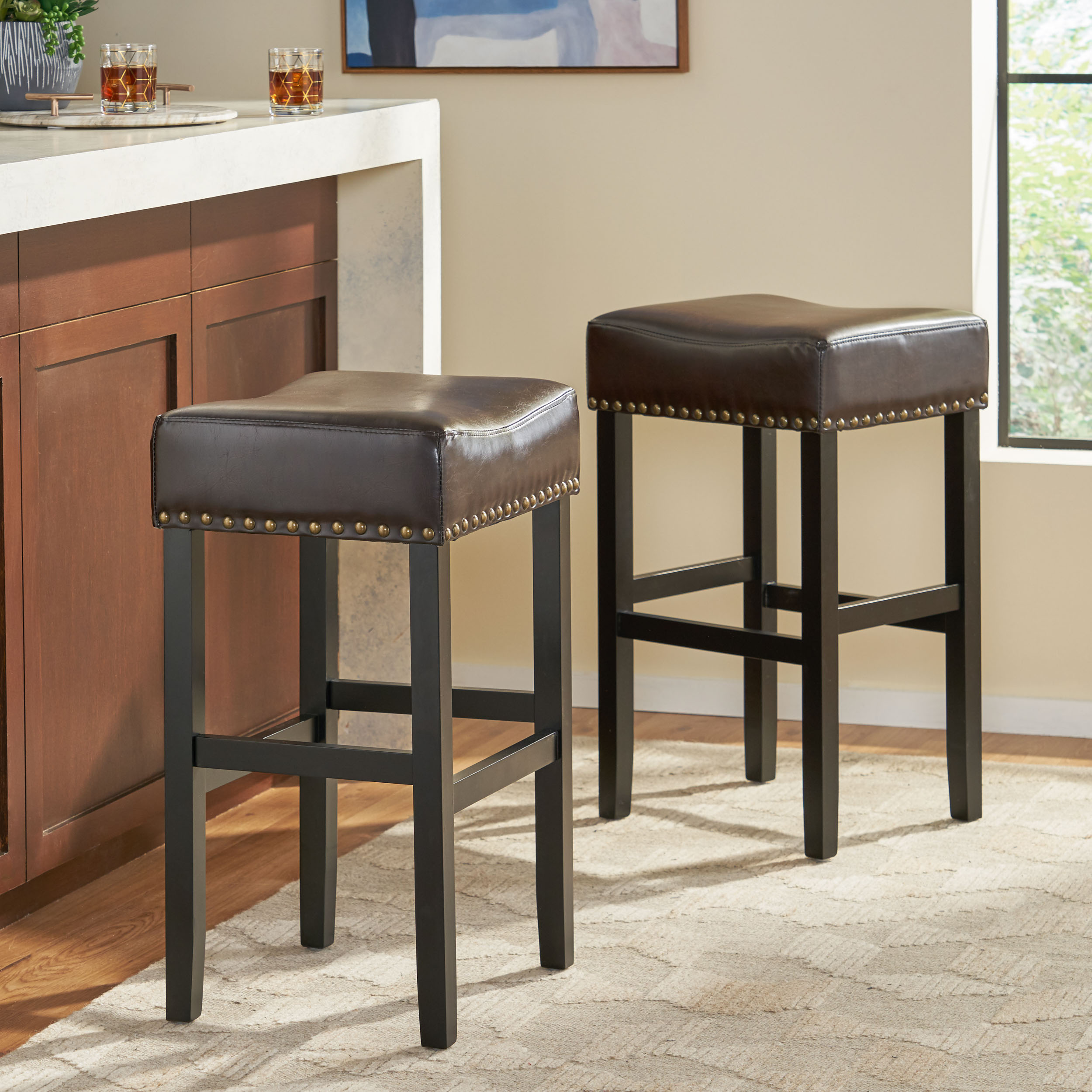 0-inch Backless Brown Faux Leather Counter Stool Set Of 2