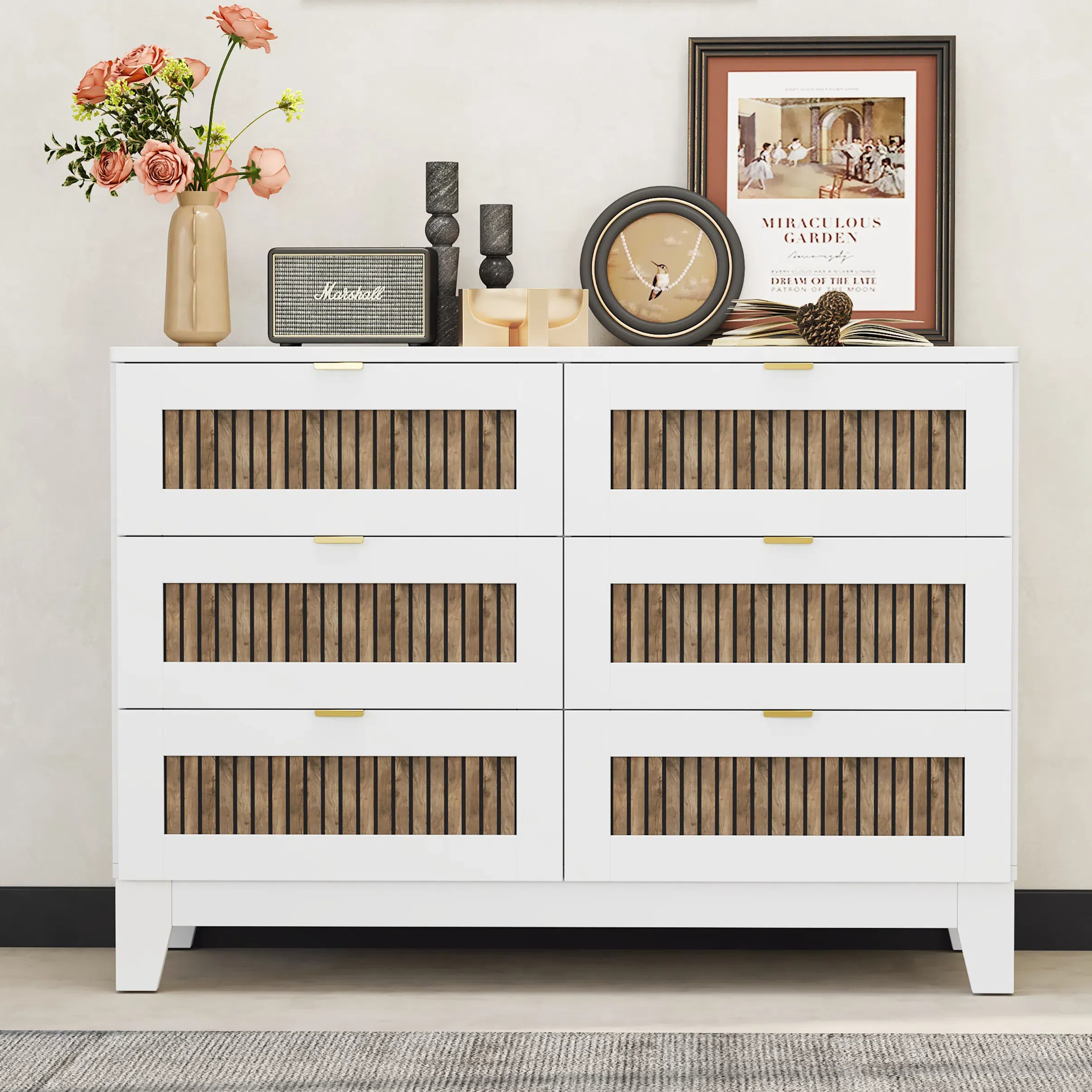 Rustic Farmhouse Style Wooden Dresser With 6 Drawers
