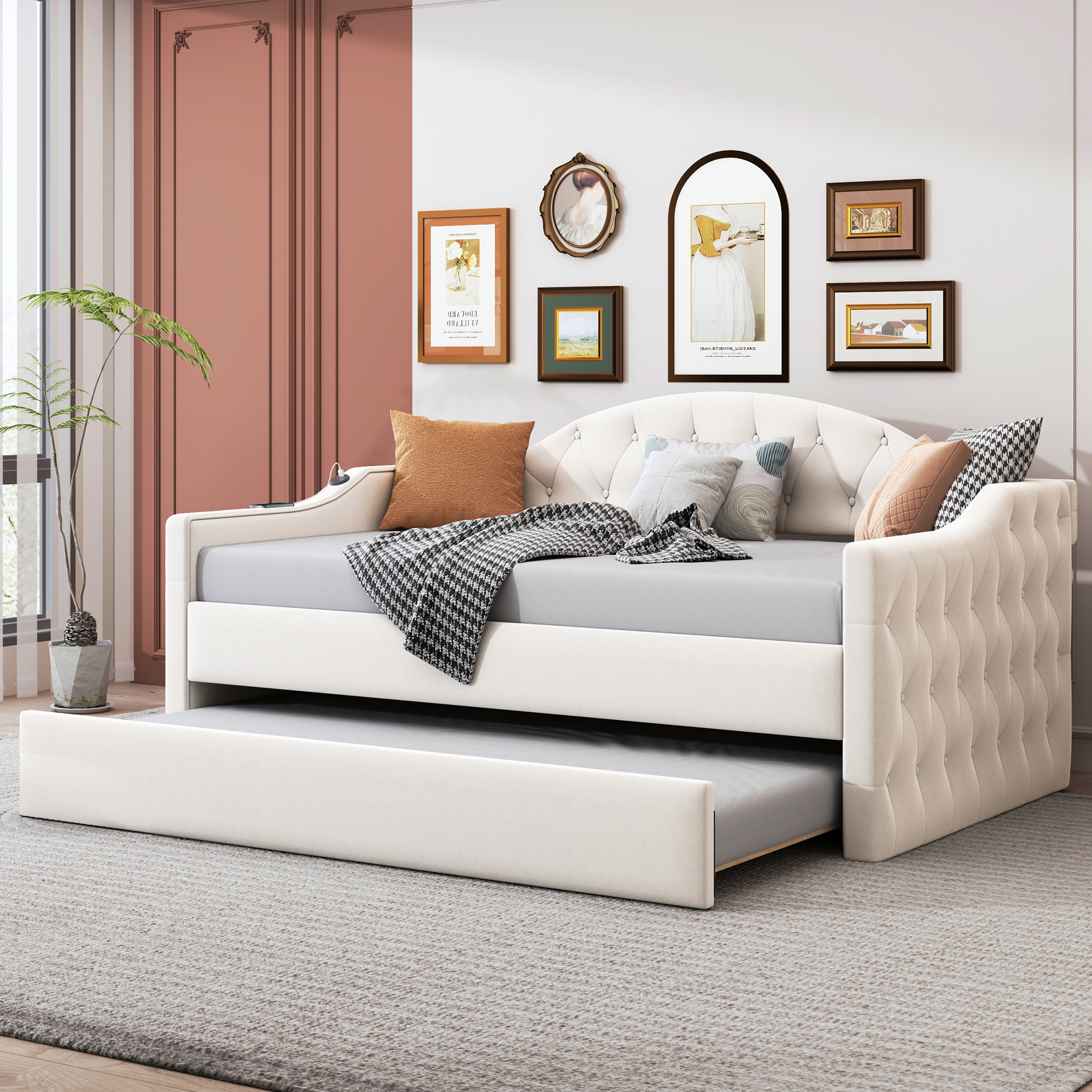 Twin Size Tufted Upholstered Daybed With Trundle ,Velvet Sofabed With USB&Type-C Charging Ports,No Box-spring Needed, Beige Old SKU HL000088AAA