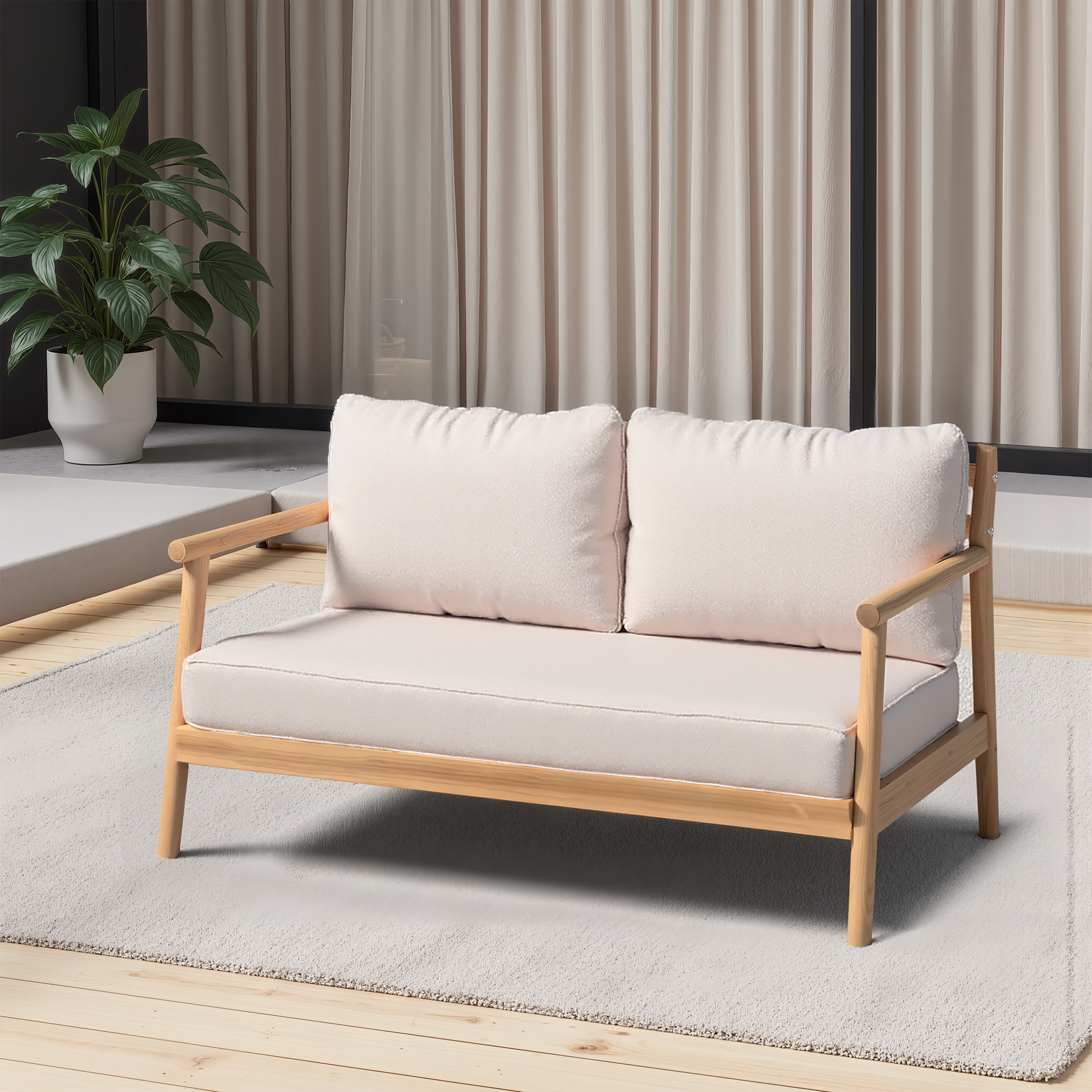 Patio Acacia Wood Loveset Sofa With Water-resistant Cushion, Teak   Beige