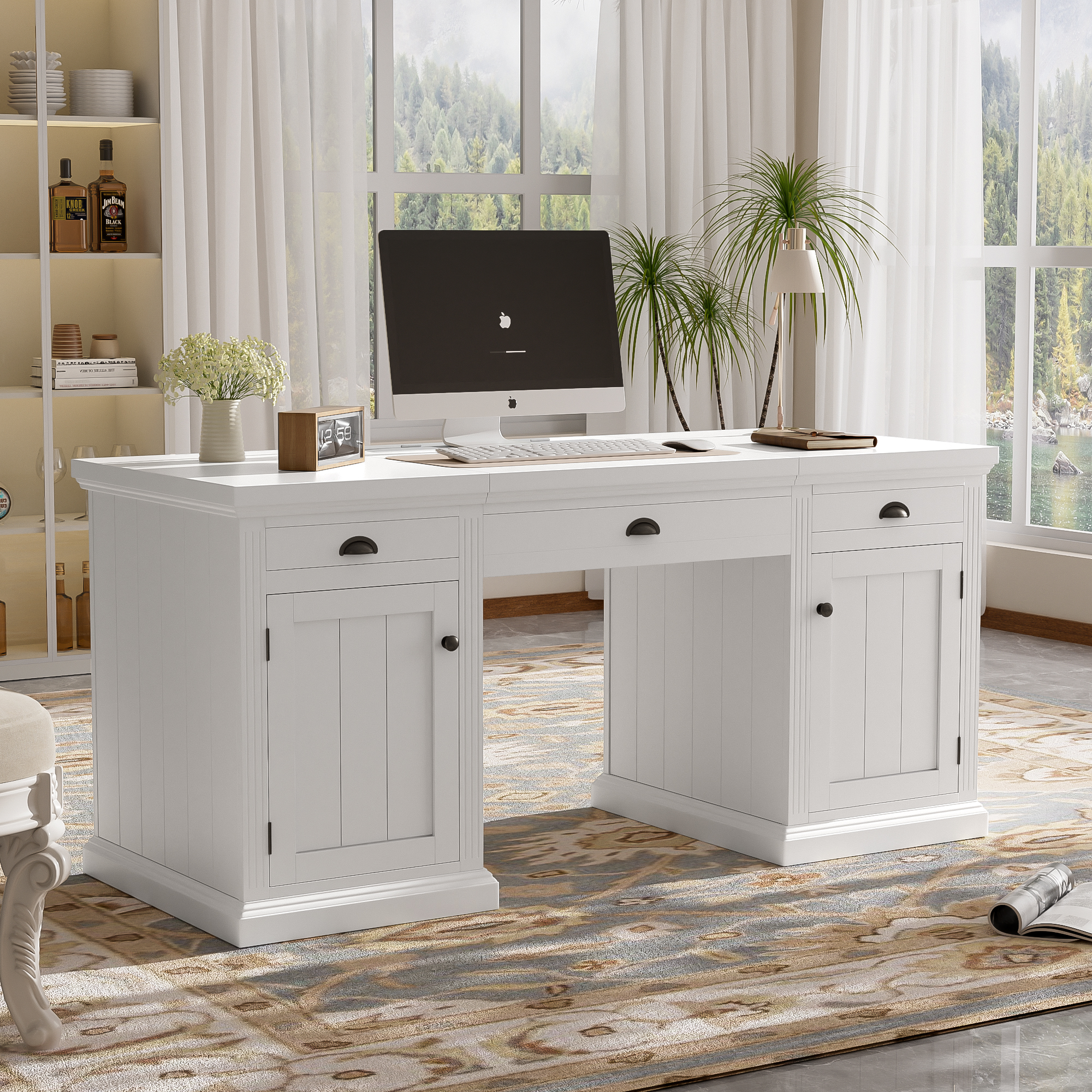67 Modern Executive Desk,Computer Desk With 2 Wooden Doors Storage Cabinet And 3 Drawers, Rectangle Home Office Desk ,Reading Desk,Writing Table,Workstation For Home Office,Living Room,Study,White