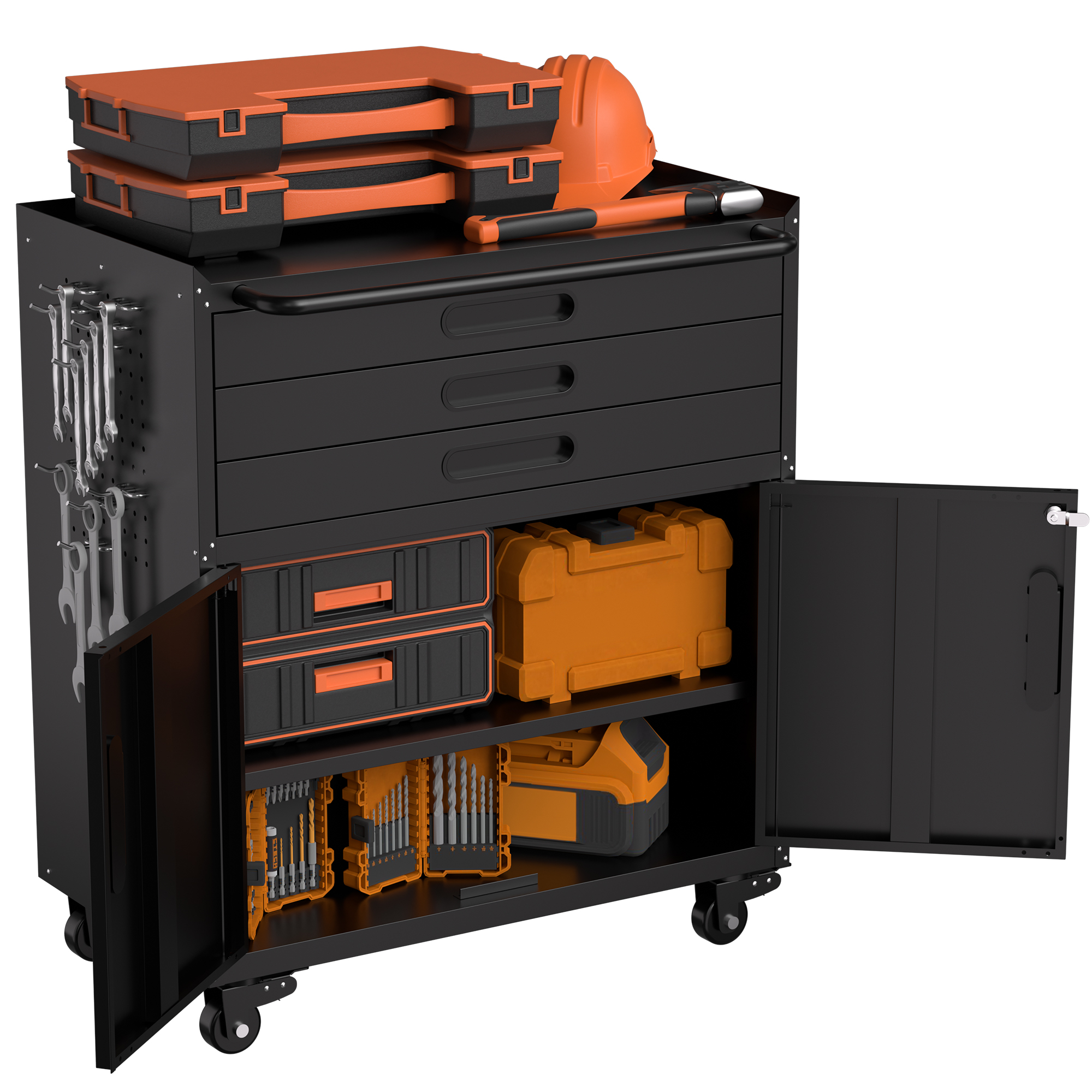 34.3 Rolling Metal Tool Cabinet - Heavy Duty Garage Storage With Lockable Doors & 3 Drawers, Mobile Workbench Organizer For Garage, Workshop, Home detail
