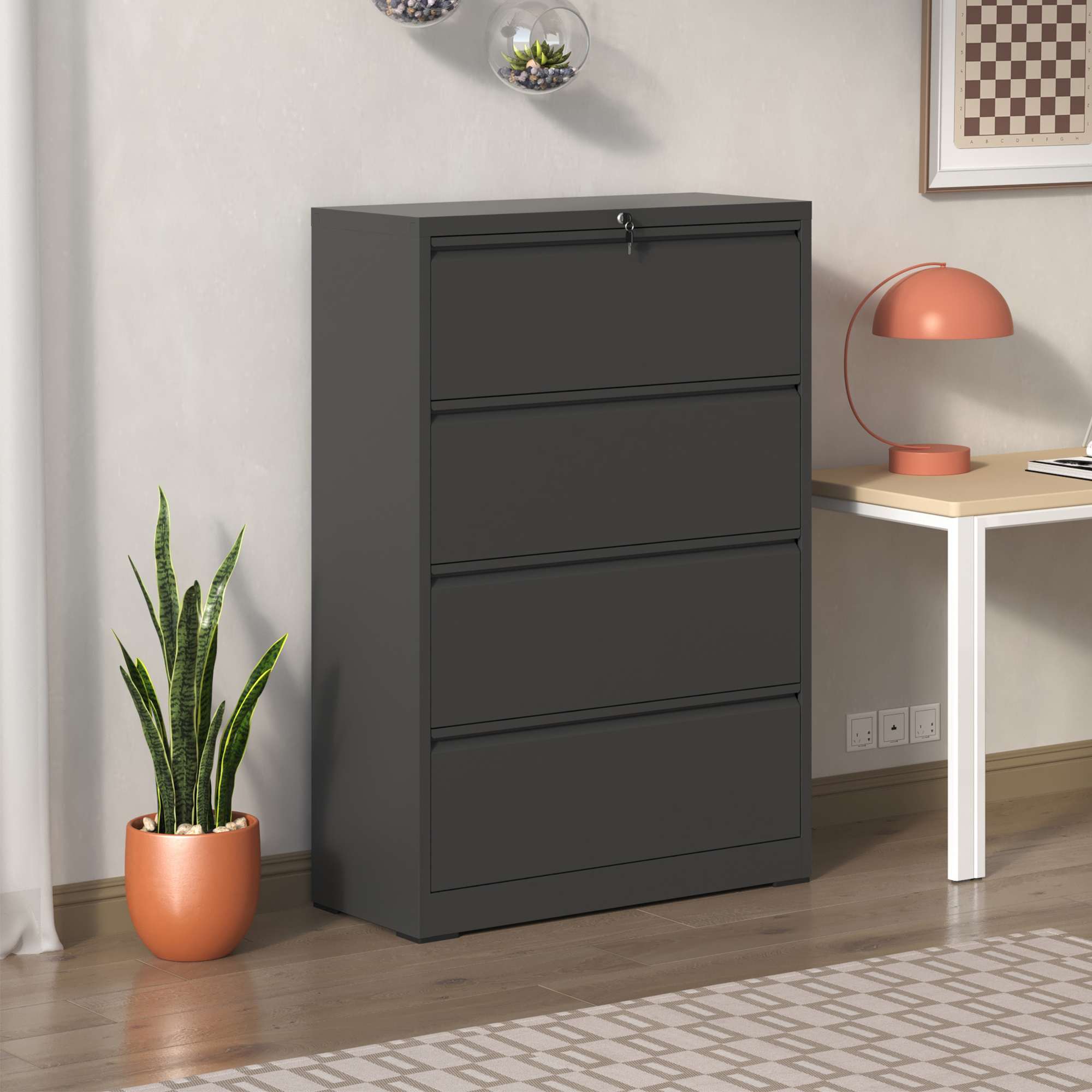 4 Drawer Lateral File Cabinet, Heavy Duty Metal Filing Cabinet, 35.4 Inch Wide Locking File Cabinet For Home Office, Space-Saving Vertical Storage With Anti-Tip Interlock, For Letter Legal A4 Files