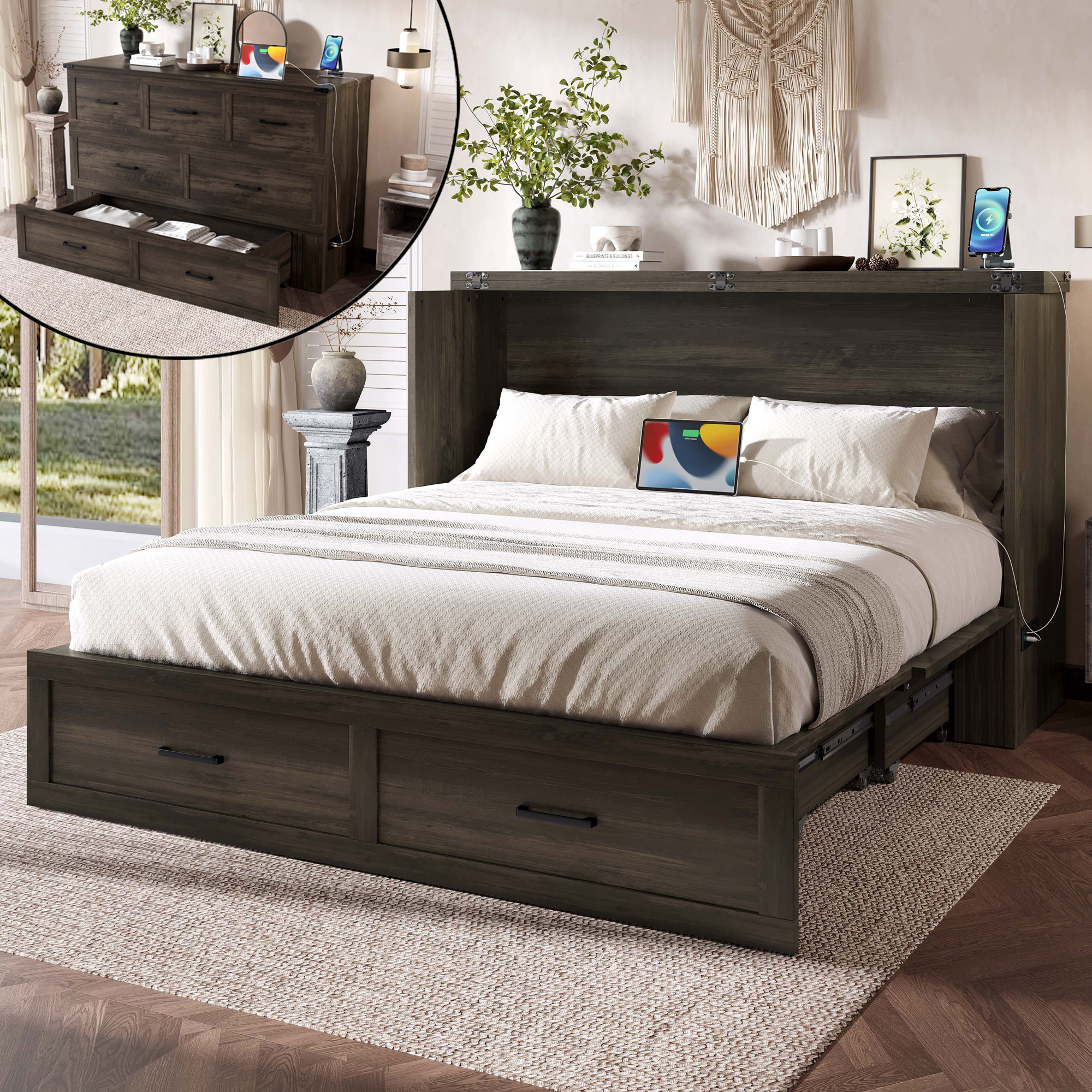 Queen Murphy Bed with Charging Station