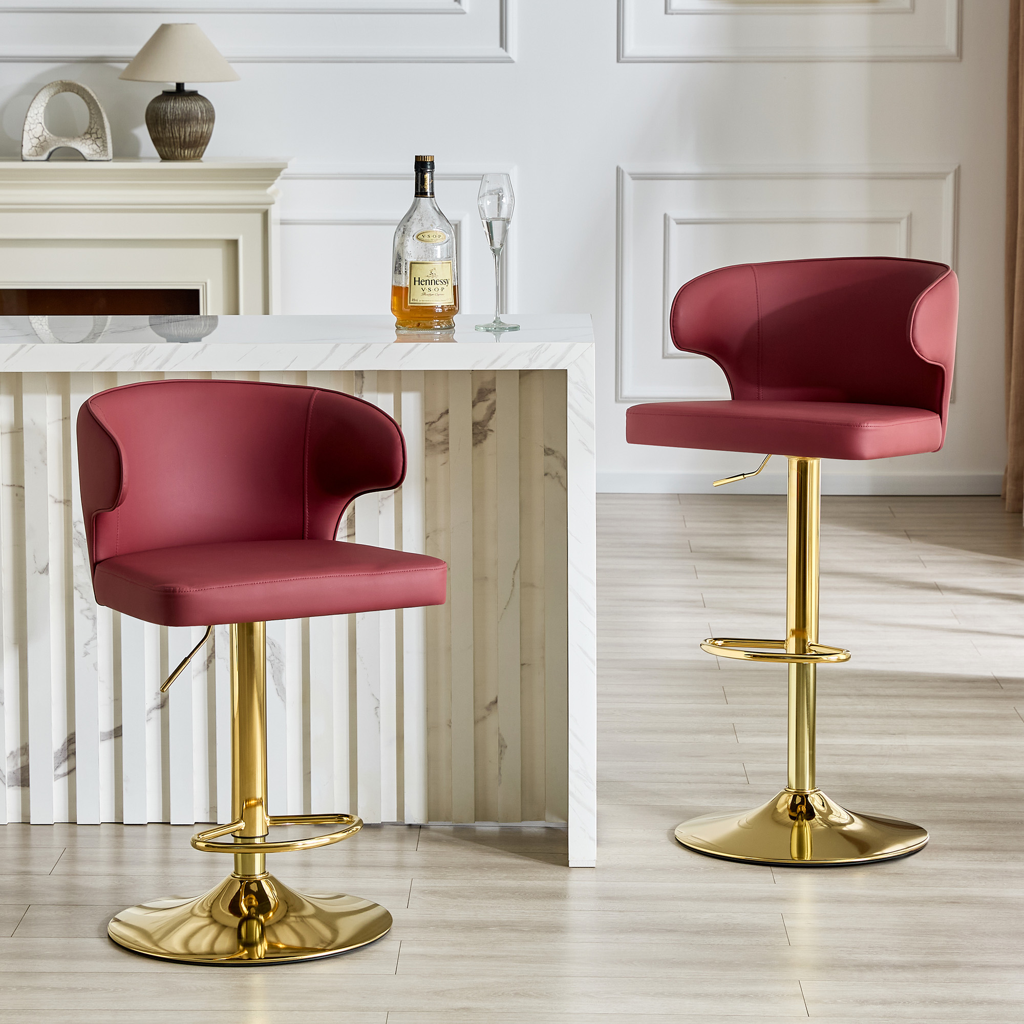 Modern Rotating Adjustable Bar Chair, PU Leather Belt Backrest Swivel Chair, Suitable For Kitchen Bar Counter And Dining Room, Adjustable Height, Capable Of Bearing 300 Pounds Red -2 Pieces