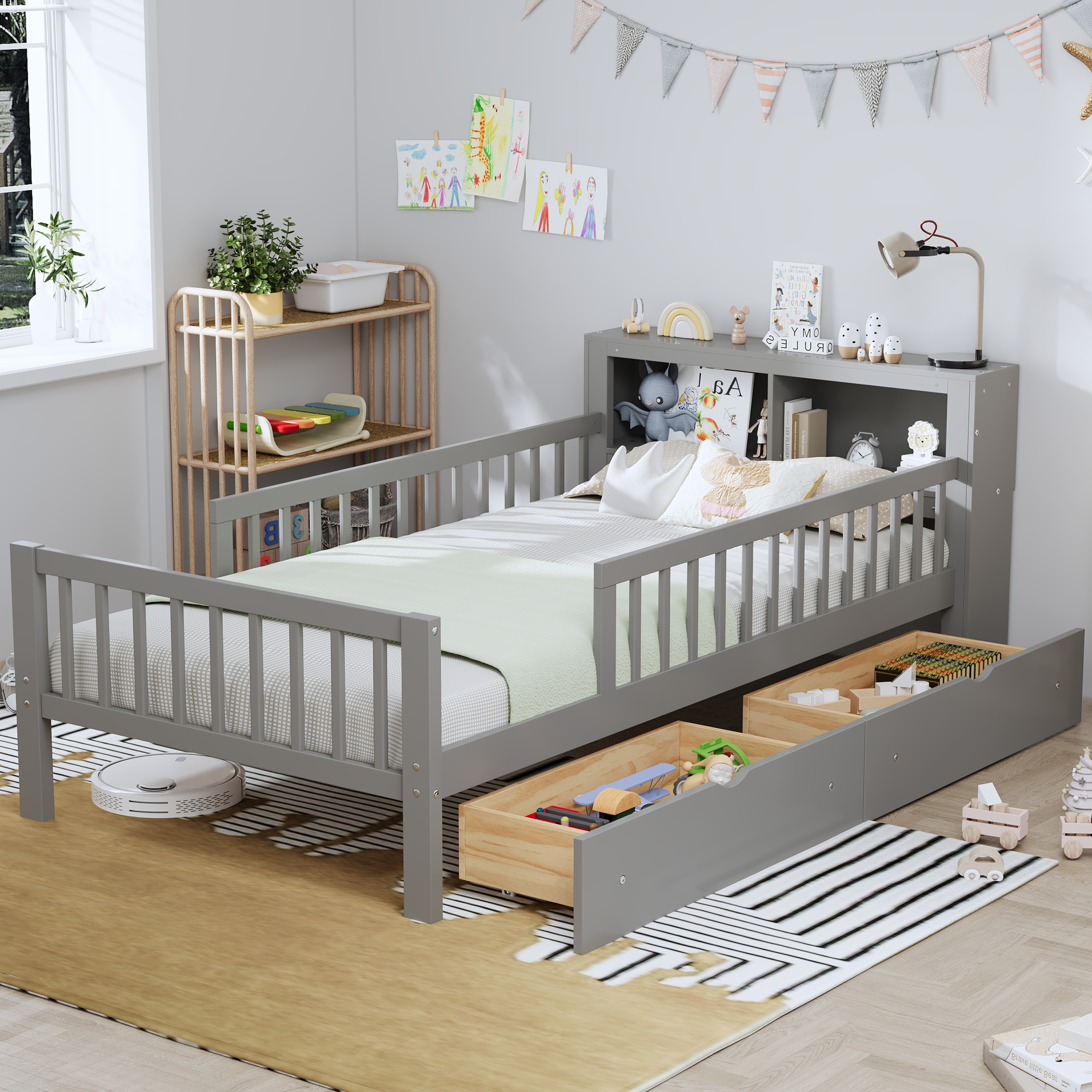 Twin Size Bed With Headboard Storage Rack, Two Under-Bed Drawers, Three-Side Guardrails For Safety And Security,Gray