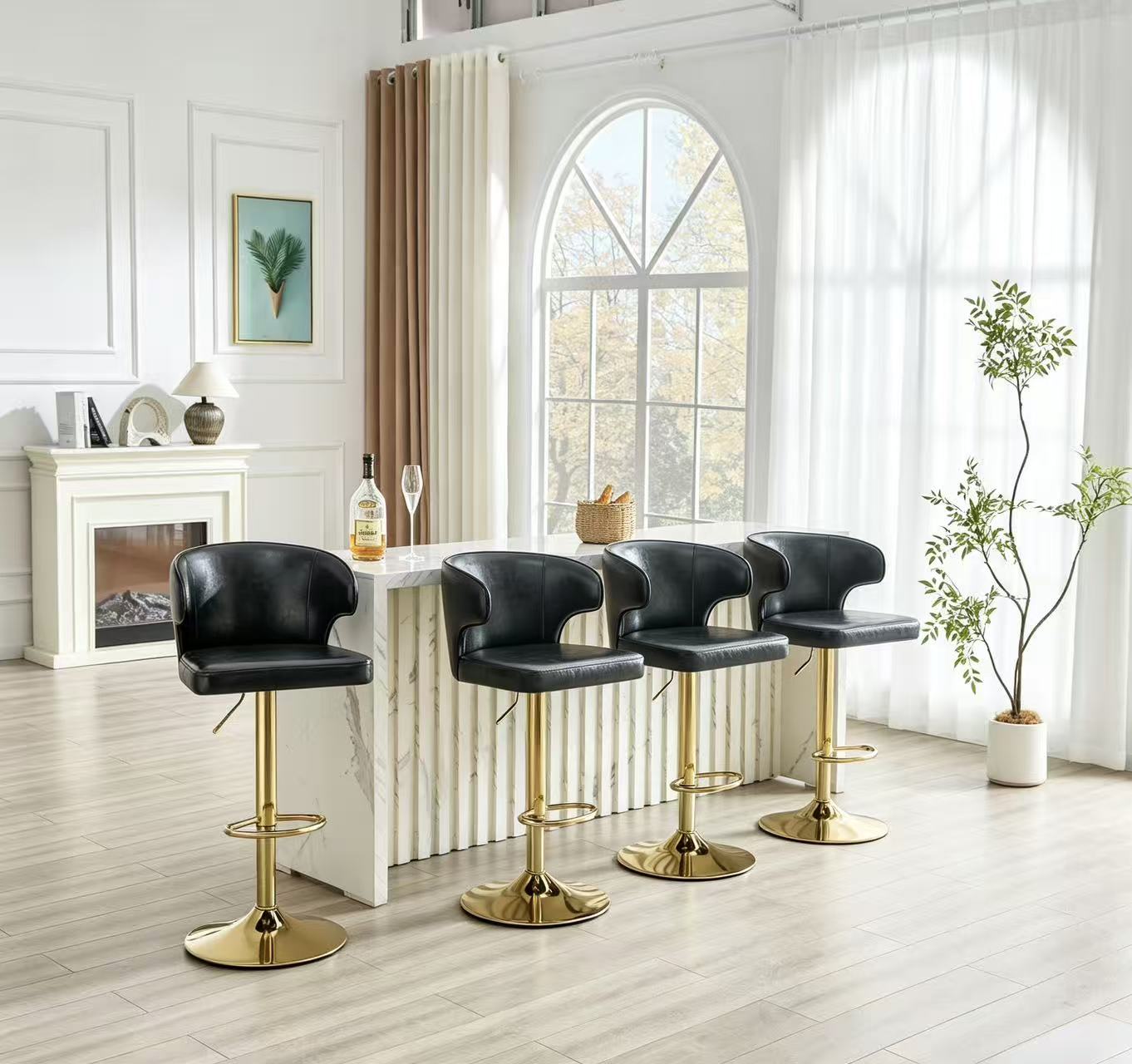 Modern Rotating Adjustable Bar Chair, PU Leather Belt Backrest Swivel Chair, Suitable For Kitchen Bar Counter And Dining Room, Adjustable Height, Capable Of Bearing 300 Pounds Black -4 Pieces