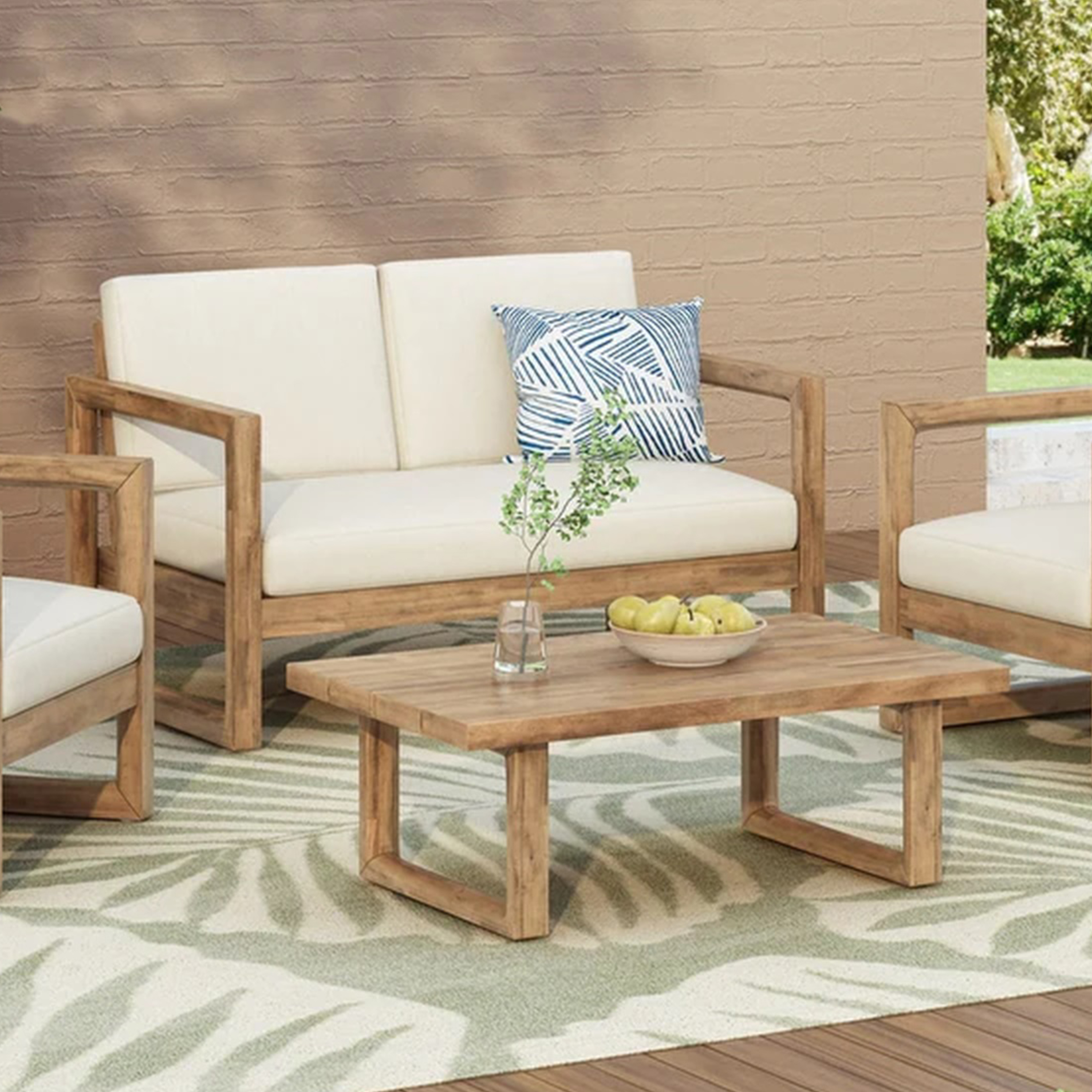 Outdoor Acacia Wood Loveseat And Coffee Table Set With Cushions, Brown Wash, Beige