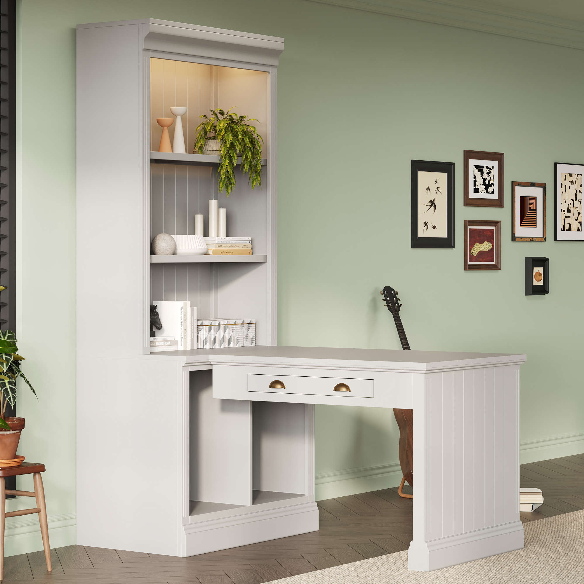 83.4Tall Bookshelf With Writing Desk, Modern Bookcase With Study Desk, Workstation With Storage Shelf,Storage Bookcase With Open Shelves And LED Lighting For Living Room,Home Office,White