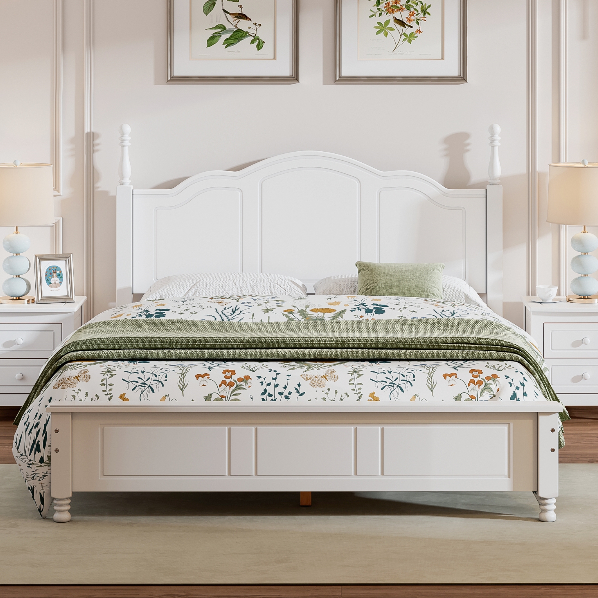 Queen Size Wood Platform Bed Frame,Retro Style Platform Bed With Wooden Slat Support,White