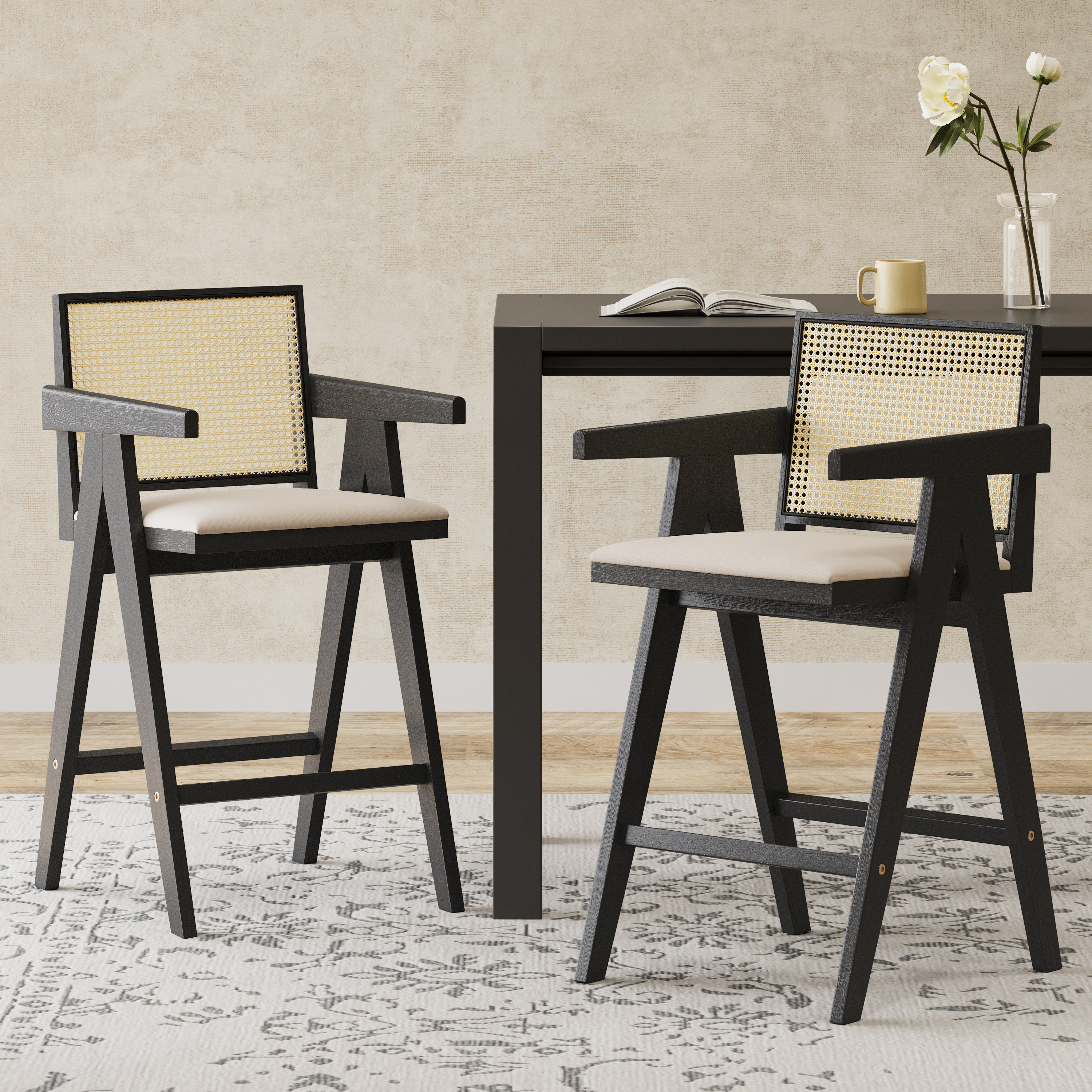 27 Height, Cream Grey Woven Cane Plastic Backrest Bar Stool - Foam-Padded Fabric Seat & Durable Rubberwood Frame