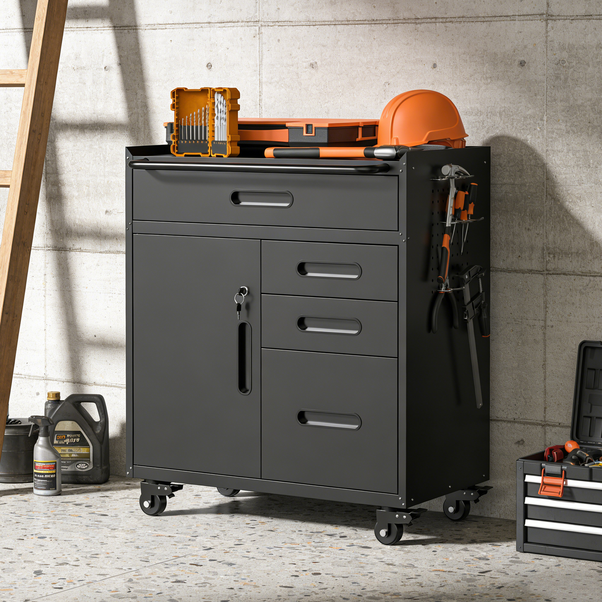 34.3 Mobile Tool Storage Cabinet - Garage Organizer With Lockable Compartment & 4 Drawers, Rolling Steel Chest For Workshop And Home Garage