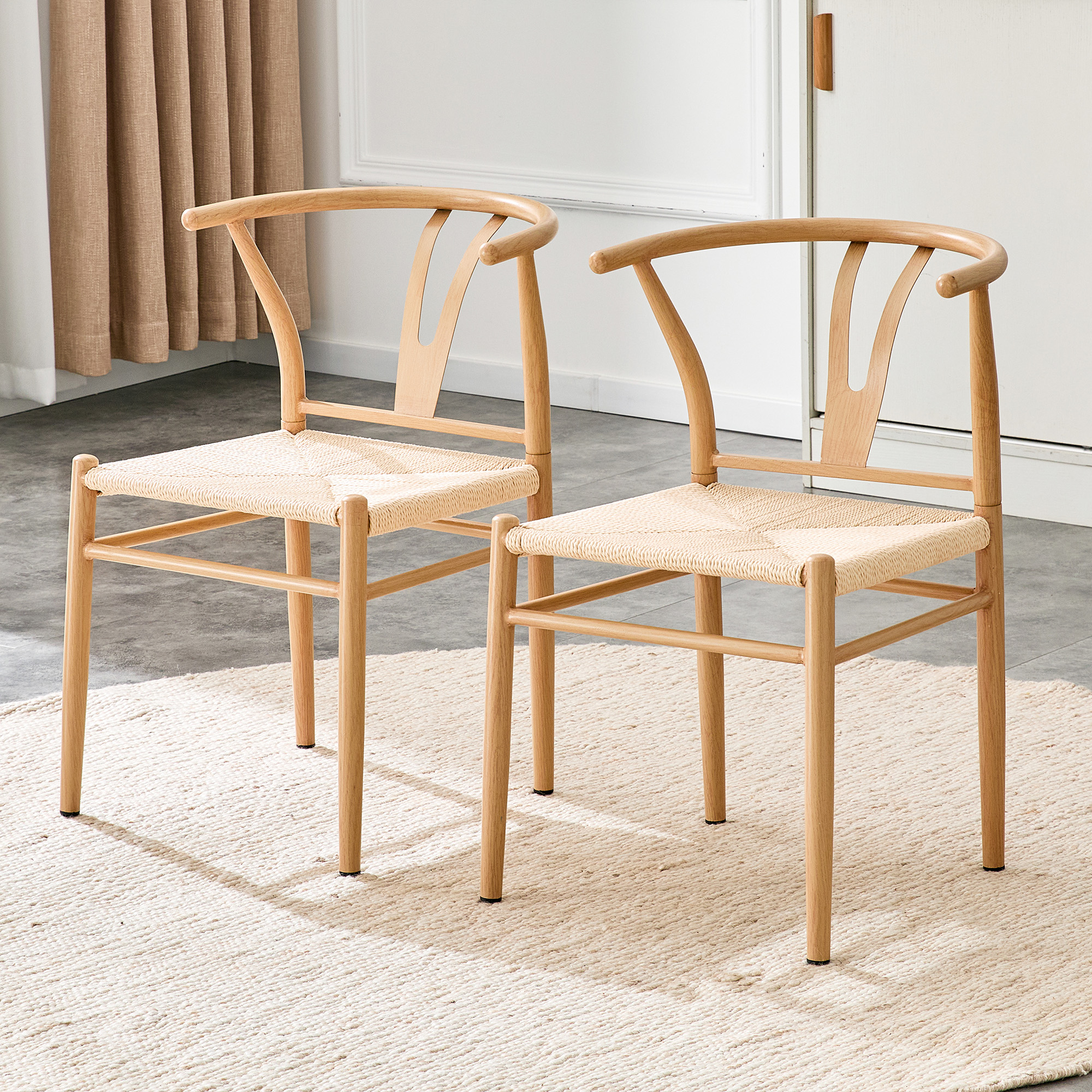 Wesborn Chair-Y-shaped Medieval Style Armchair For Dining Table, Woven Seat Natural Wood Color Ironwork Natural Rope Pattern, Set Of 2