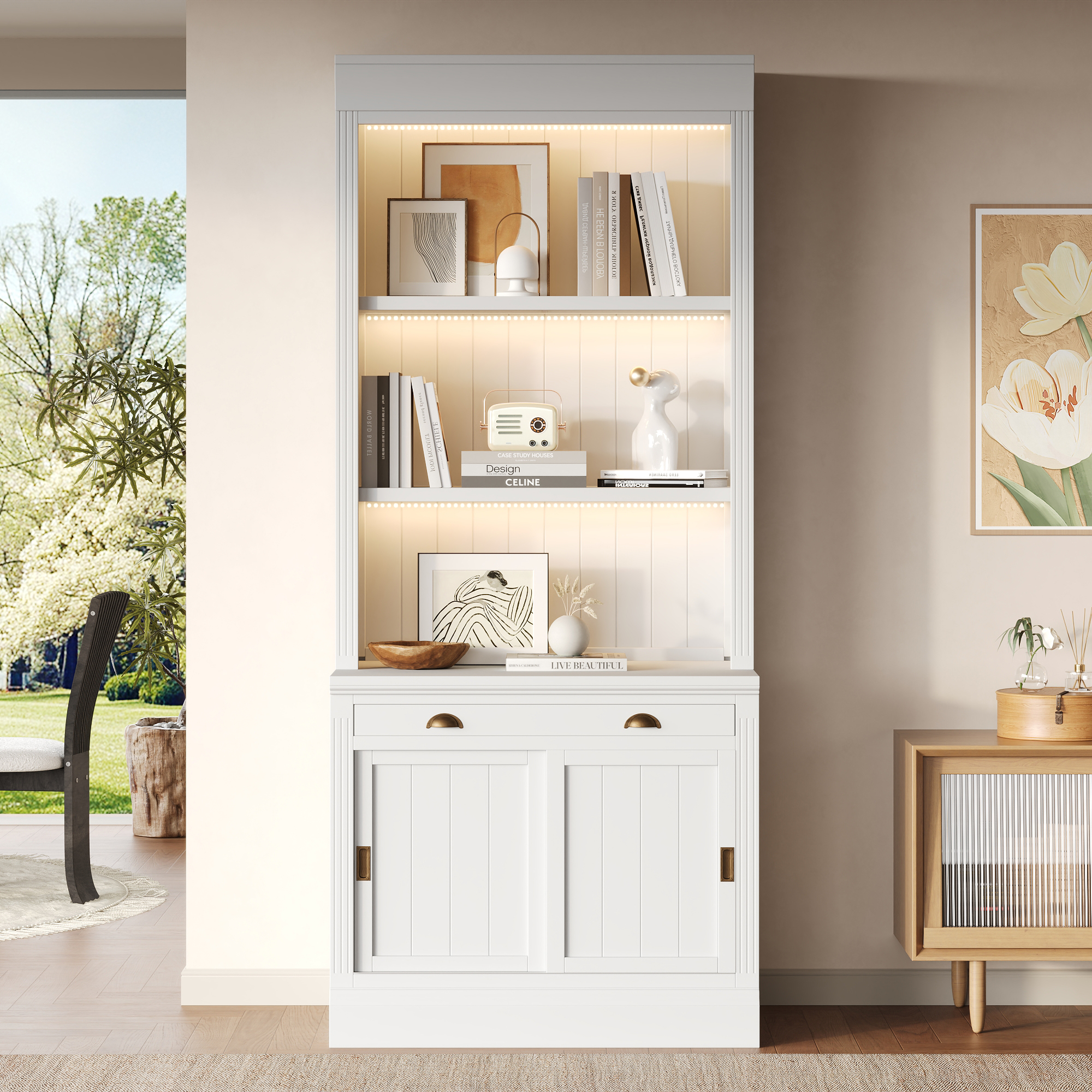 83.4Tall Bookshelf With 3-layer LED Lightings, Modern Bookcase With Sliding Doors And Open Shelves,Storage Bookshelf For Living Room,Home Office,White