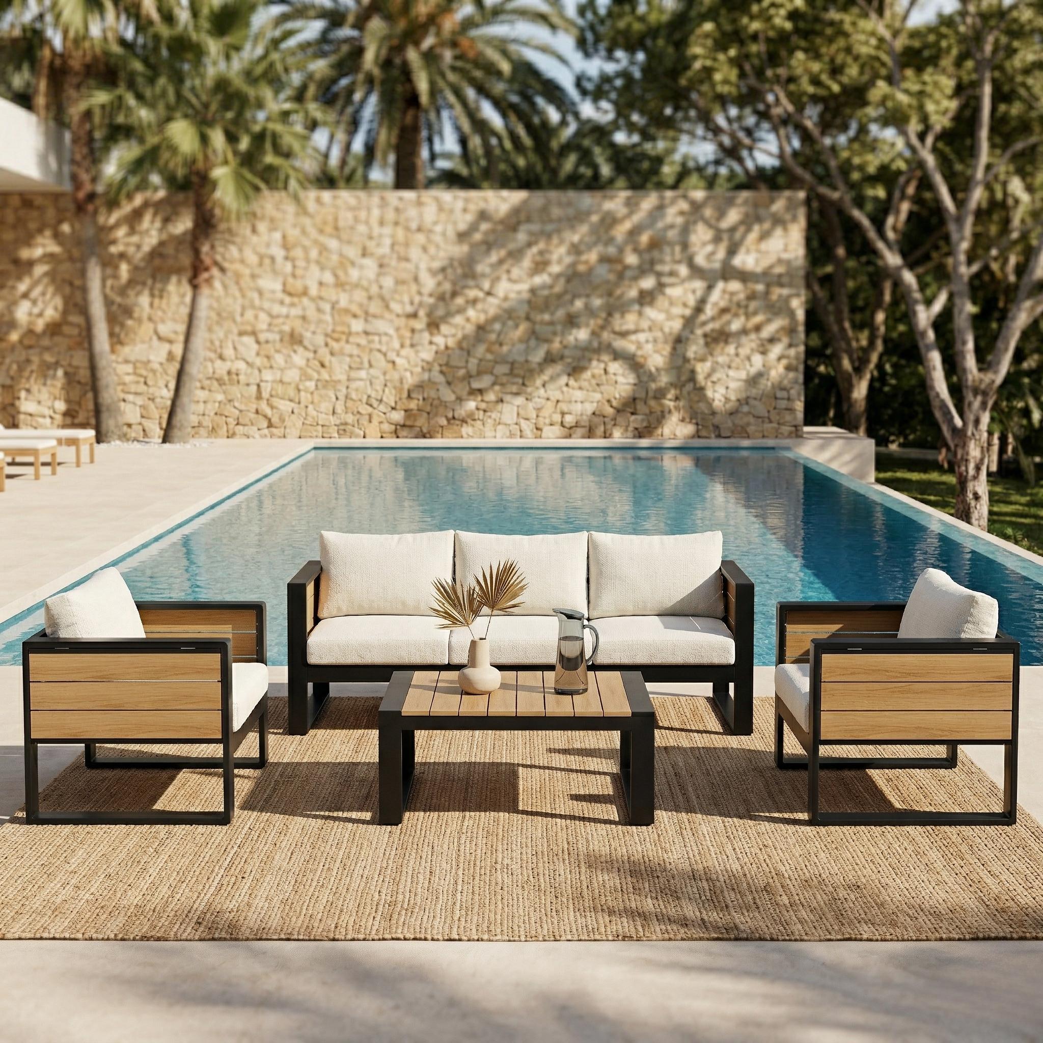 Large 4-Piece  Aluminum Frame Outdoor Patio Furniture Set For 5 Person, 3-Seater Sofa, 2 Armchairs With Fold-Out Side Tables, Modern Garden Patio Seating, All-Weather Use, Beige Cushions