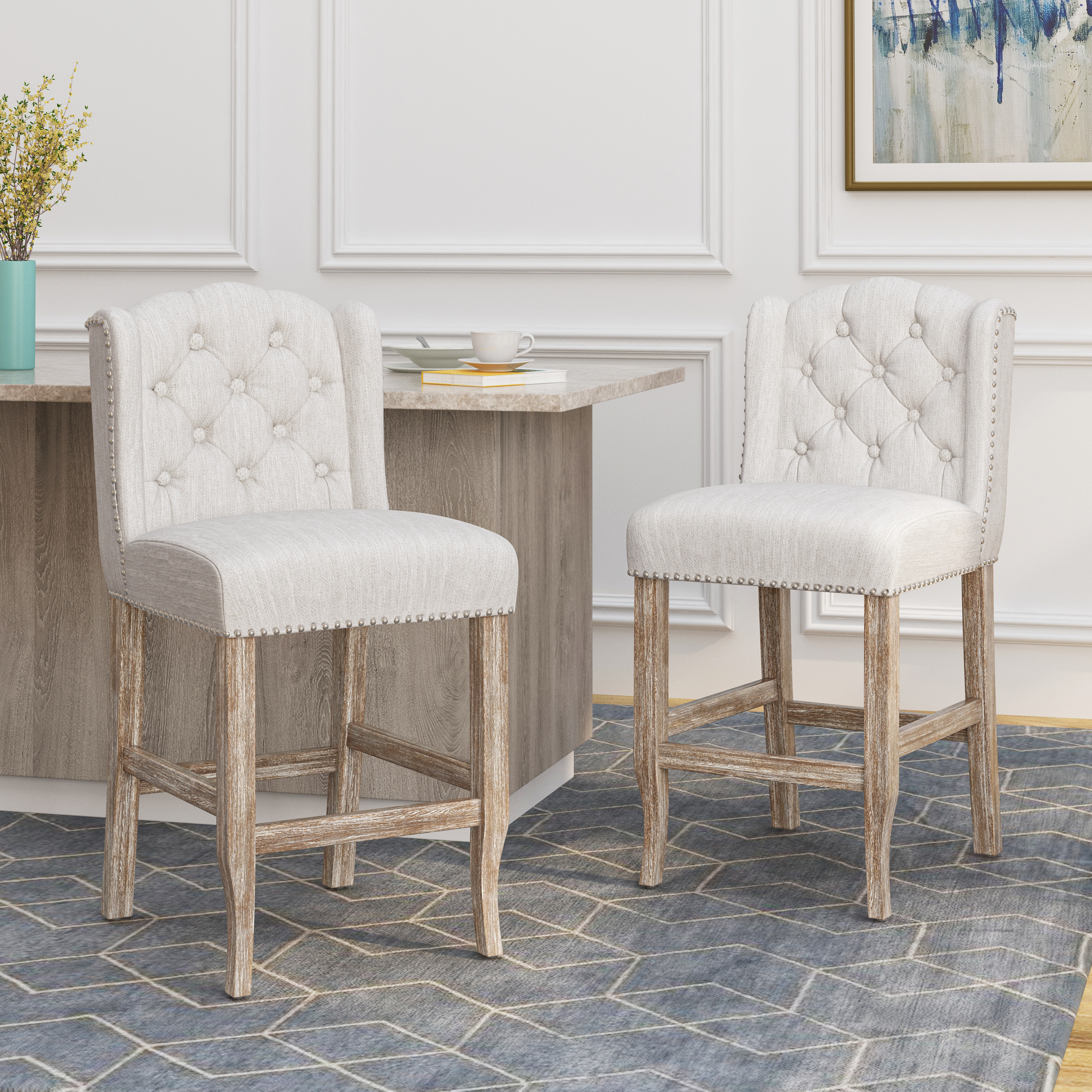 26.78 Seat Height Vienna Contemporary Fabric Tufted Wingback Counter Stools, Set Of 2, Beige