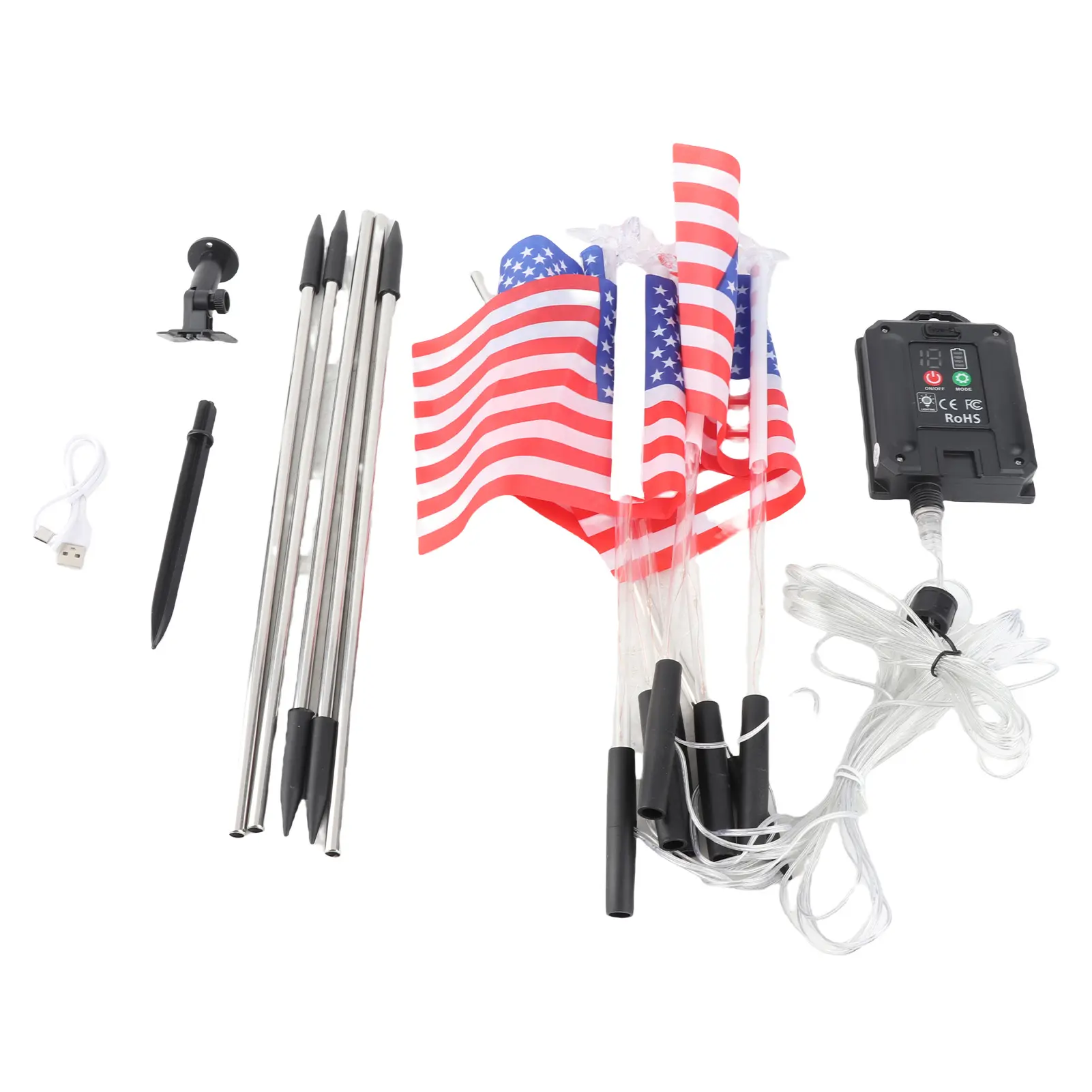 Solar US Flag Lights Red White Blue