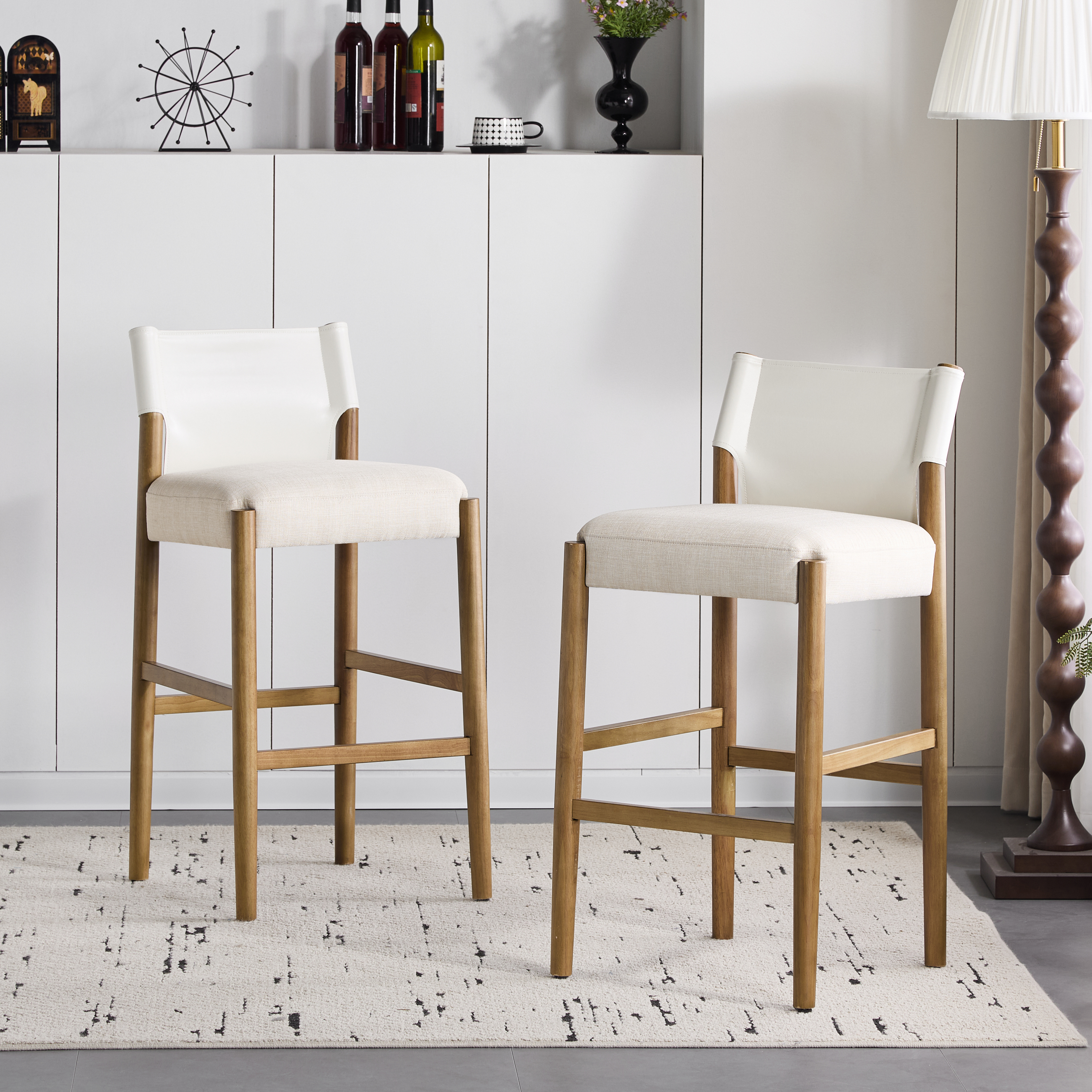 28.5, Modern Solid Wood Bar Stool With Polyester Cushion - Minimalist Kitchen Island Stool For Breakfast Nook & Home Bar Neutral Tone Design , Set Of 2