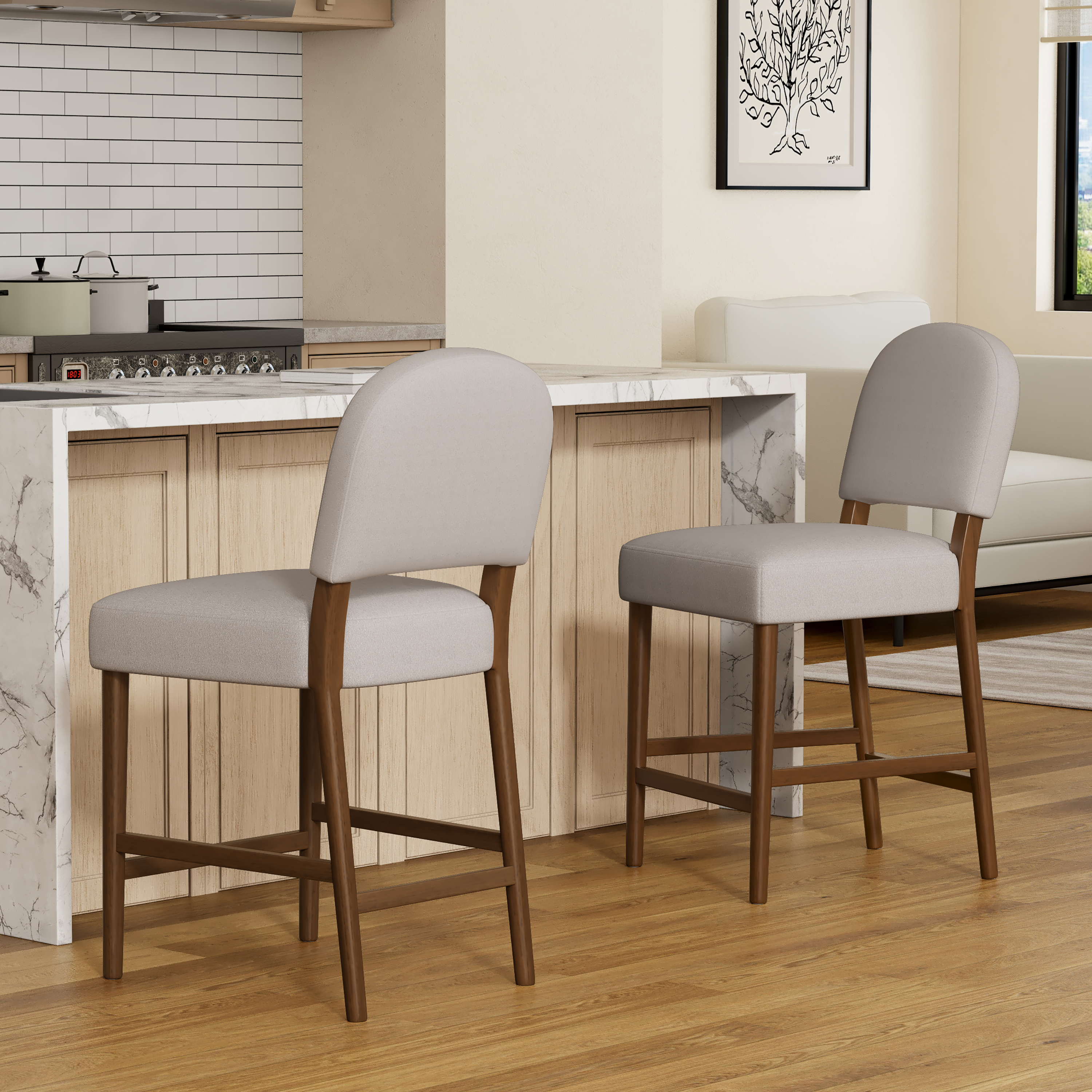 26 Seat Height Light Gray Fabric & Walnut Rubberwood Bar Stool, Adjustable Floor Leveler, Spacious Seat For Kitchen Island Light Gray,set Of 2