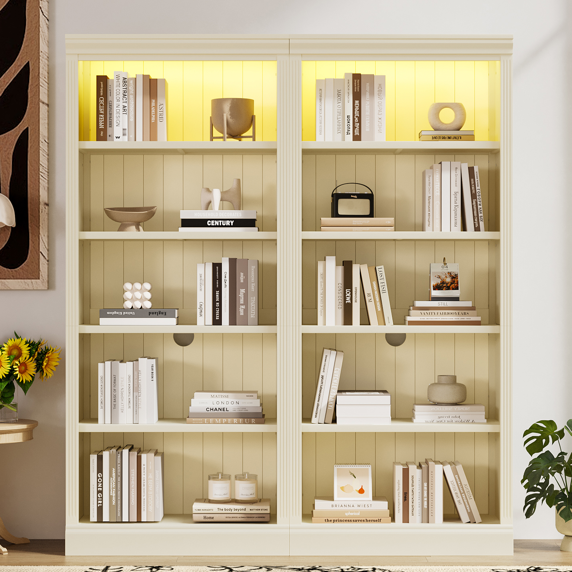 83 Tall Wood Bookcase Suite With Light Strip ,5-Tier Decor Bookcase Suite With Adjustable Shelves,Storage Organizer,Free Standing Storage Shelves Suite For Living Room,Home Office,Beige And Yellow
