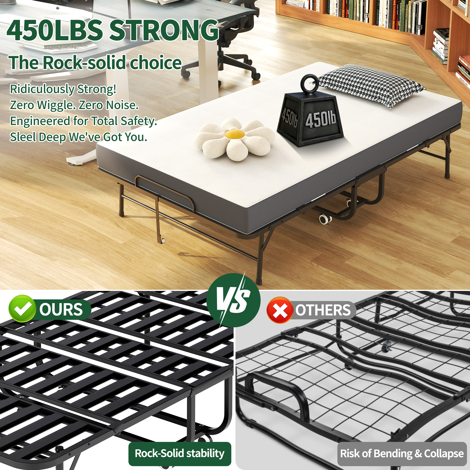 Large 75x46 Wide Folding Bed For Tall People, Extra Long & Wide Rollaway Bed With 5 Memory Foam, Heavy-Duty 450lbs Capacity Guest Bed, Spacious Portable Twin Cot
