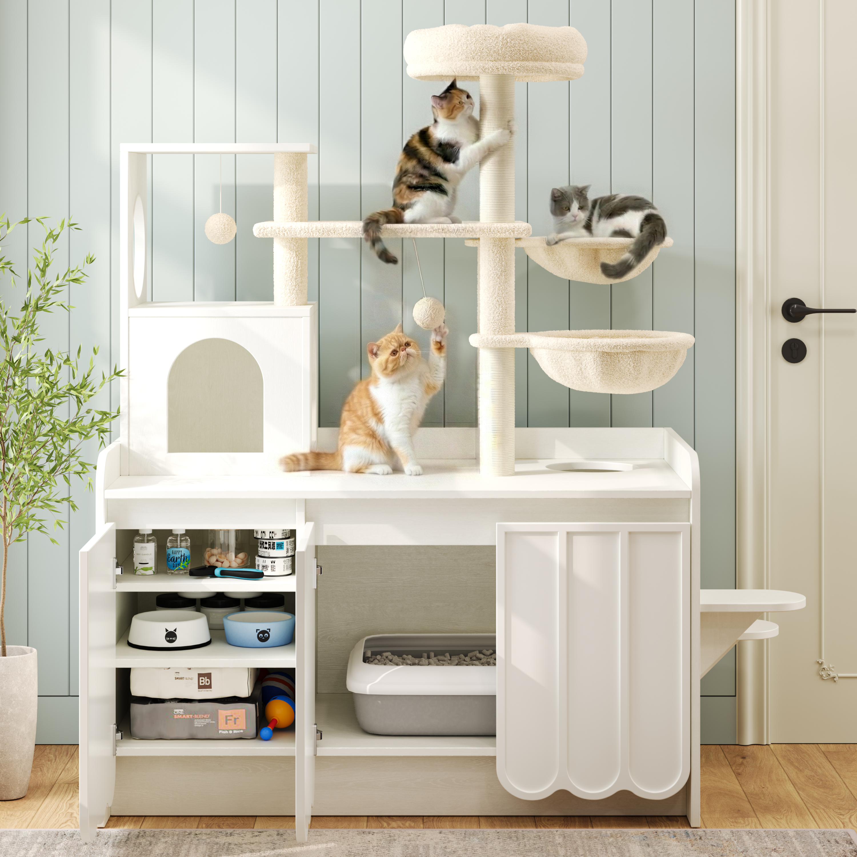 50.6  Cat Tree With Litter Box Enclosure, 5Cat Tower With Sisal Scratching Post And Storage Space, Hidden Litter Enclosure Furniture, All-in-One Modern Cat Condo With House, Hammock And Perch, White