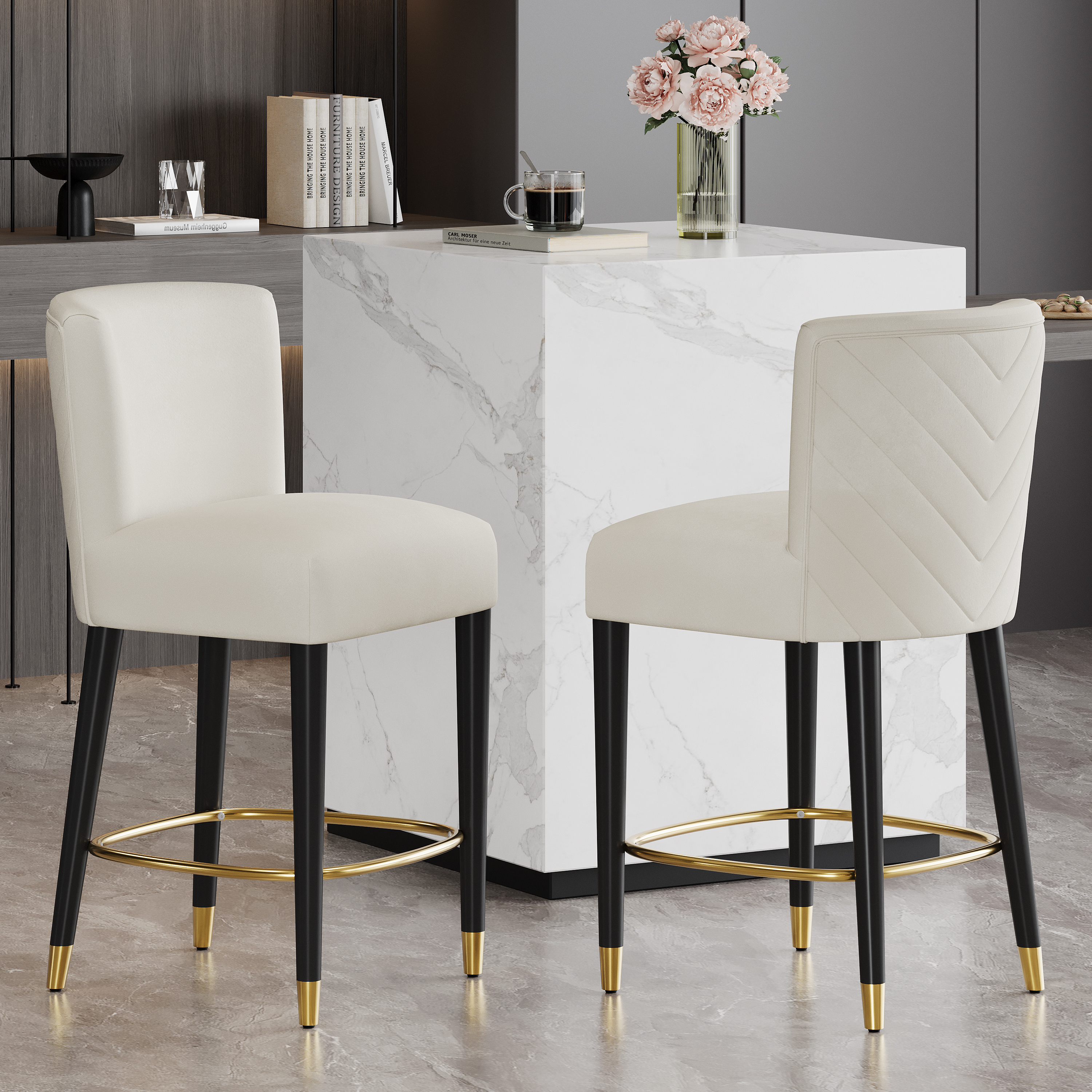 27inch-counterstool, Modern Design With A Smooth, Light - Colored Fabric And Circular Footrest With A Gold - Colored Finish,creates A Sophisticated And Luxurious Look--Begie