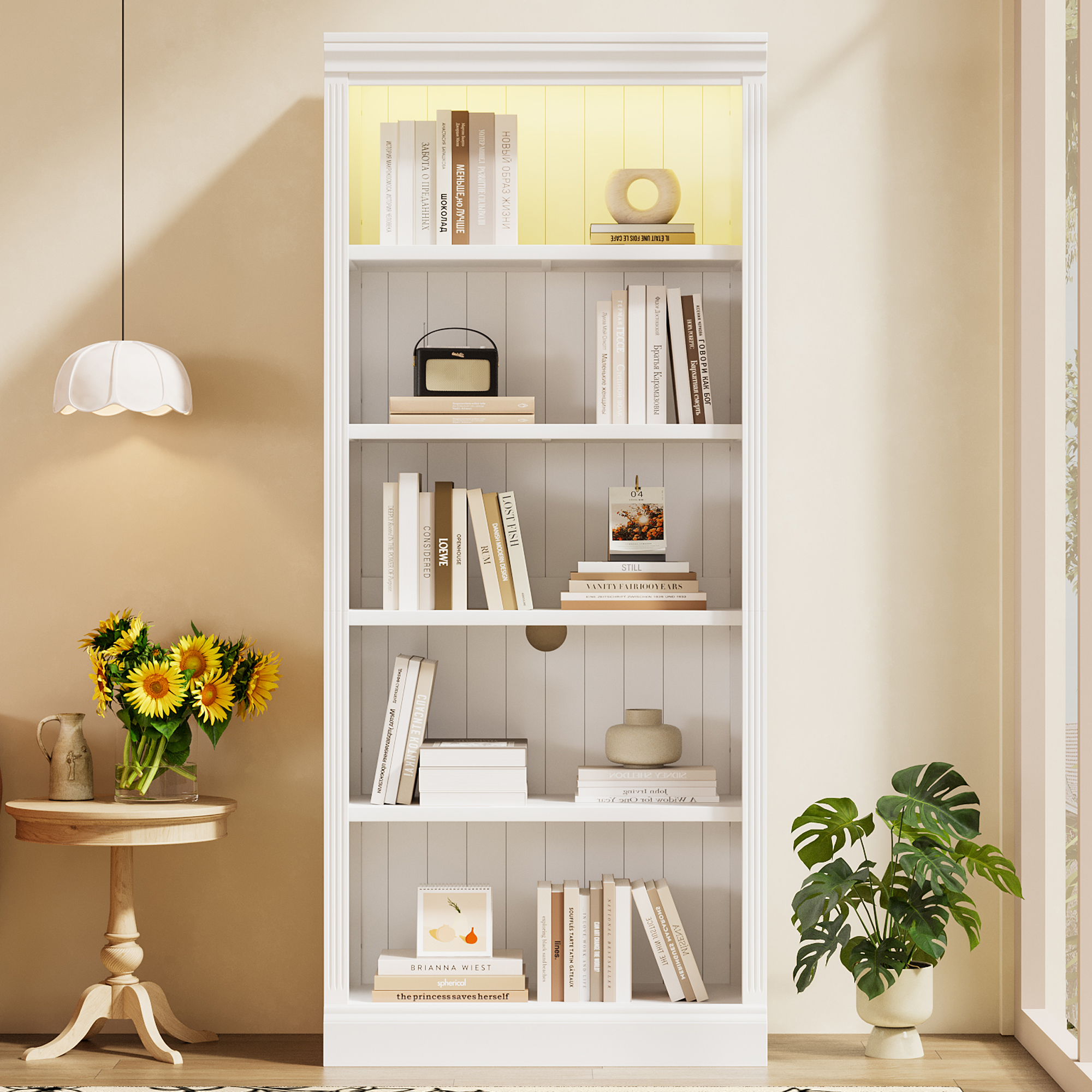 83.4 Tall Wood Bookcase With Light Strip,5-Tier Decor Bookshelves With Adjustable Shelves,Storage Organizer For CDs Books,Free Standing Storage Shelves For Living Room,Home Office,White