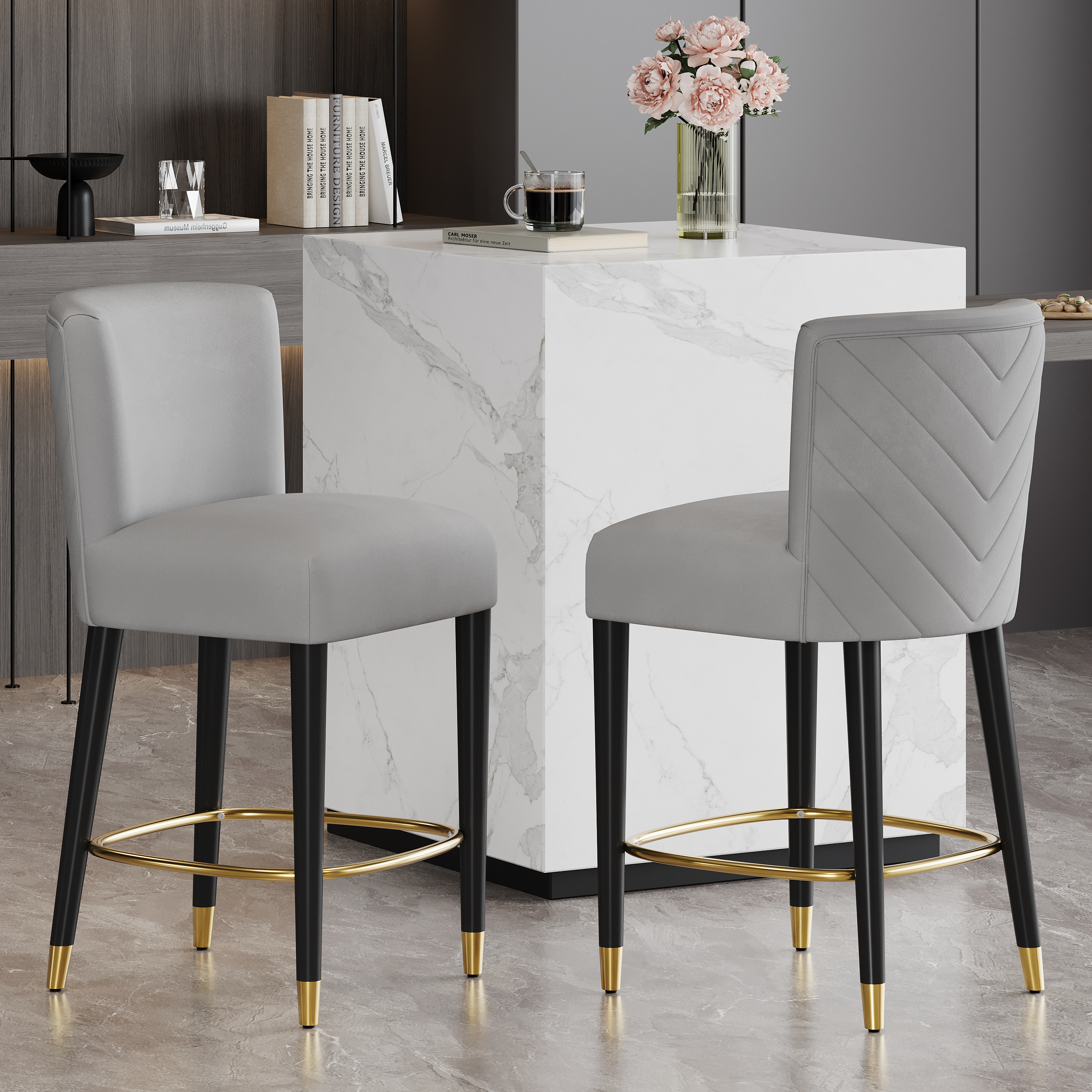 27inch-counterstool, Modern Design With A Smooth, Light - Colored Fabric And Circular Footrest With A Gold - Colored Finish,creates A Sophisticated And Luxurious Look--Grey