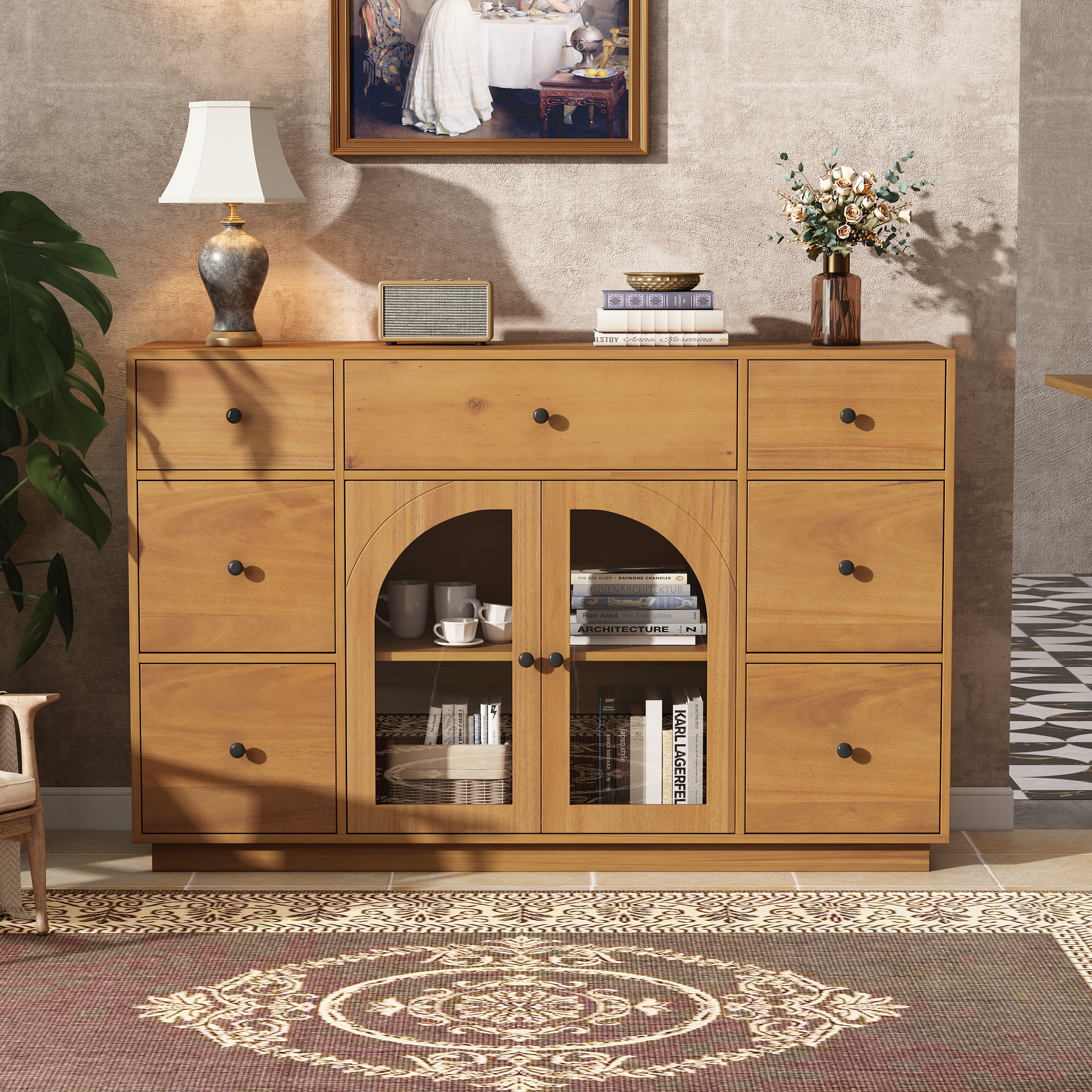 Cabinet With Storage For Living And Dining Room Entrance, Large Size, 2 Doors And 7 Drawers, Natural