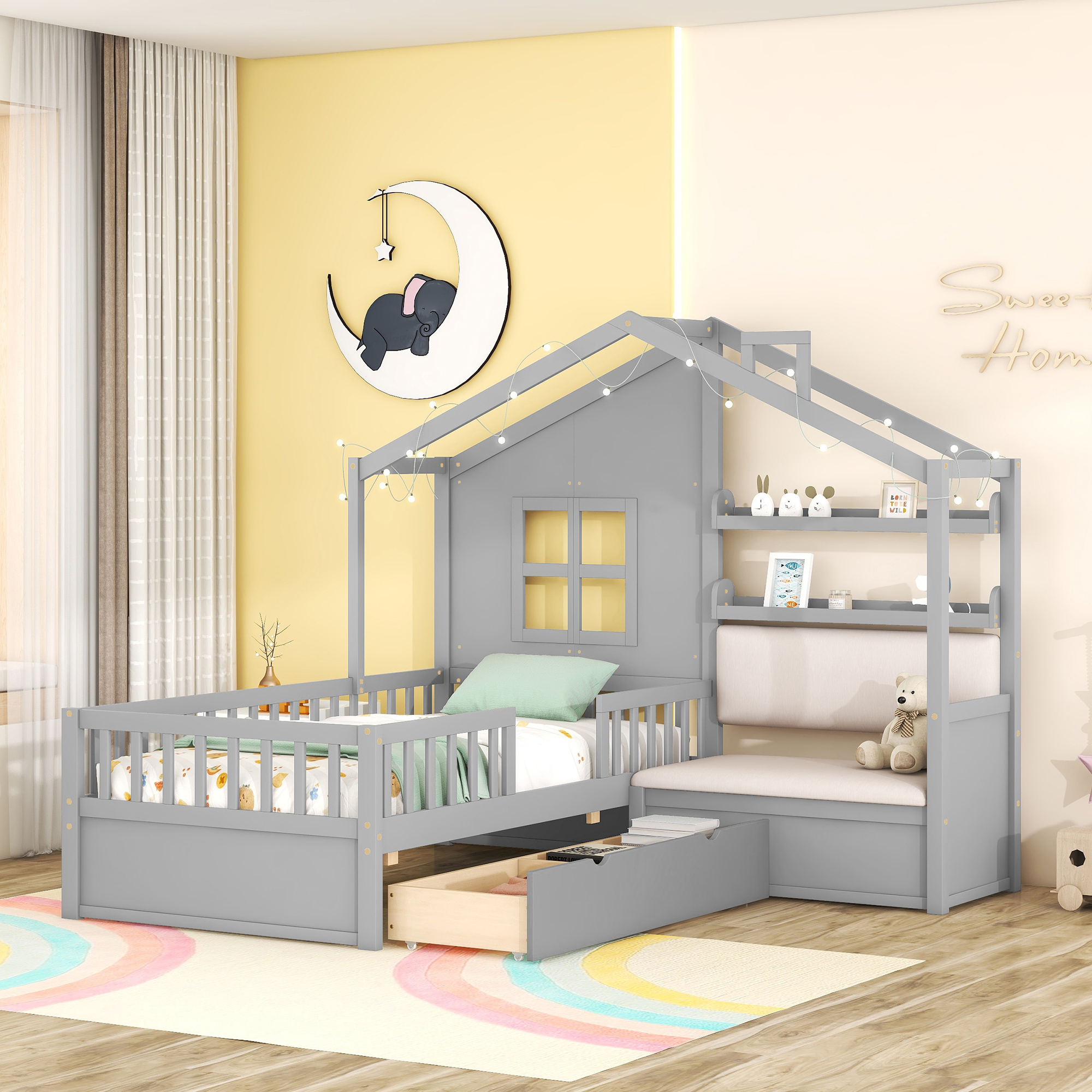 Twin Size House Bed With Sofa, Kids Platform Bed With Two Drawers And Storage Shelf, Gray  Old