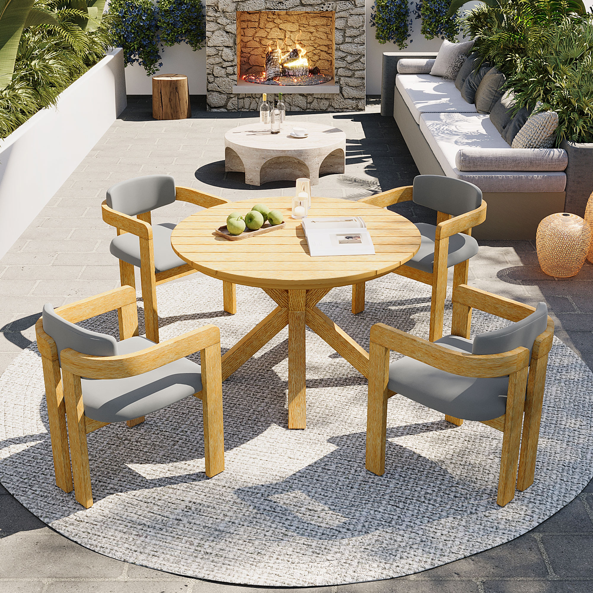 5 Piece Outdoor Acacia Wood Round Dining Set, Solid Wood Patio Table With 4 Barrel Chairs, Cushioned Seats & Backs, Modern Garden Conversation Set, Gray Cushion