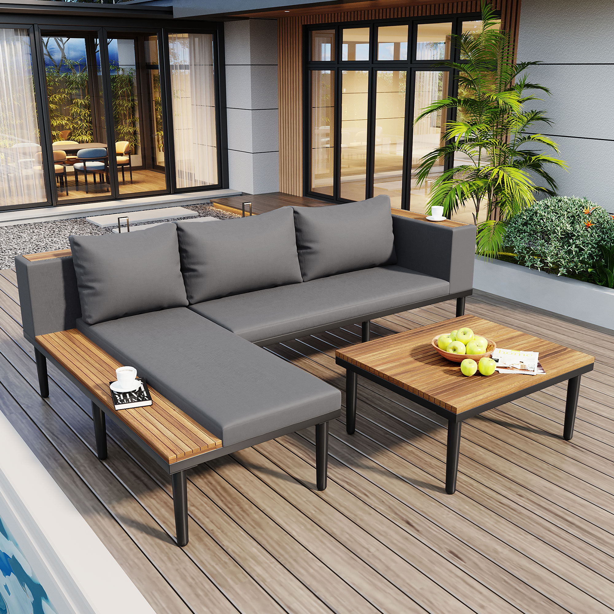 Luxury Patio Furniture Set With Removable Cushions And Coffee Table, L-Shaped  Acacia Wood Sofa With Side Table, Outdoor Conversation Sectional Sofa  For Backyard, Porch, Gray