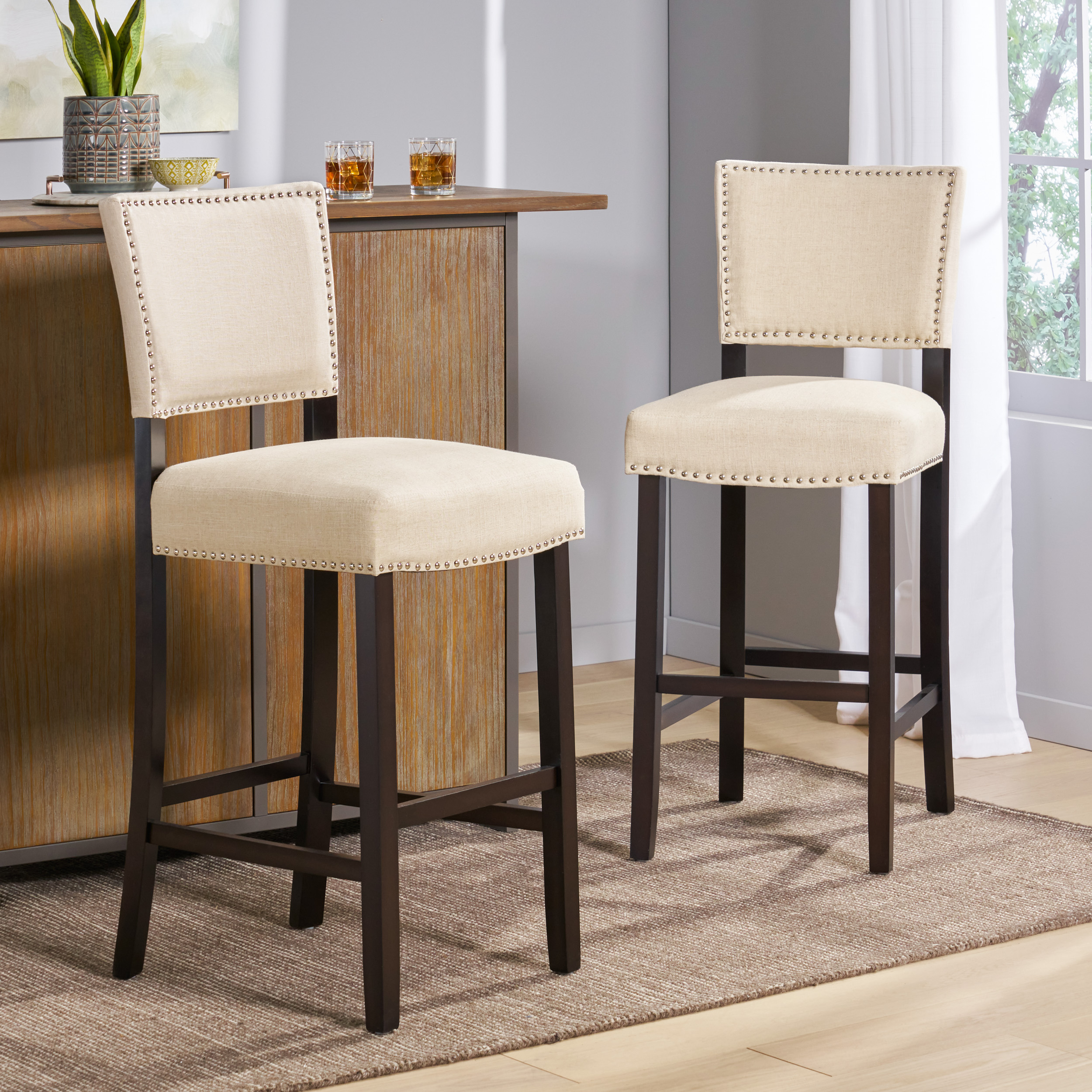 Barstools With Rivet Decoration Set Of 2 , Wood Frame,fabric Sponge Cushion And Upholstered Barstools, Bar Chairs For Kitchen Island,Bedroom,Dining Room.