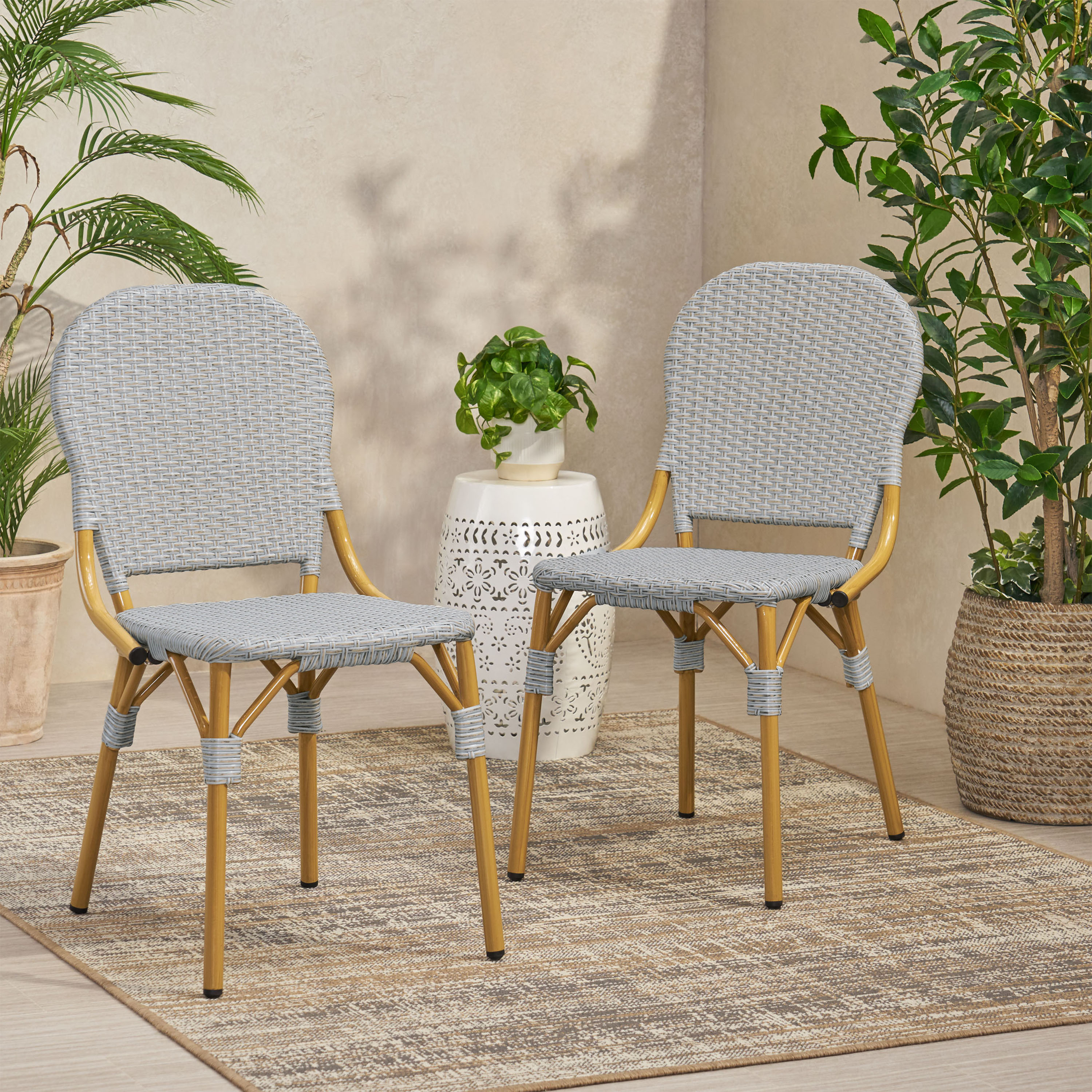 Outdoor PE Rattan And Aluminum Armless French Bistro Chairs, Set Of 2, Gray And Bamboo Finish