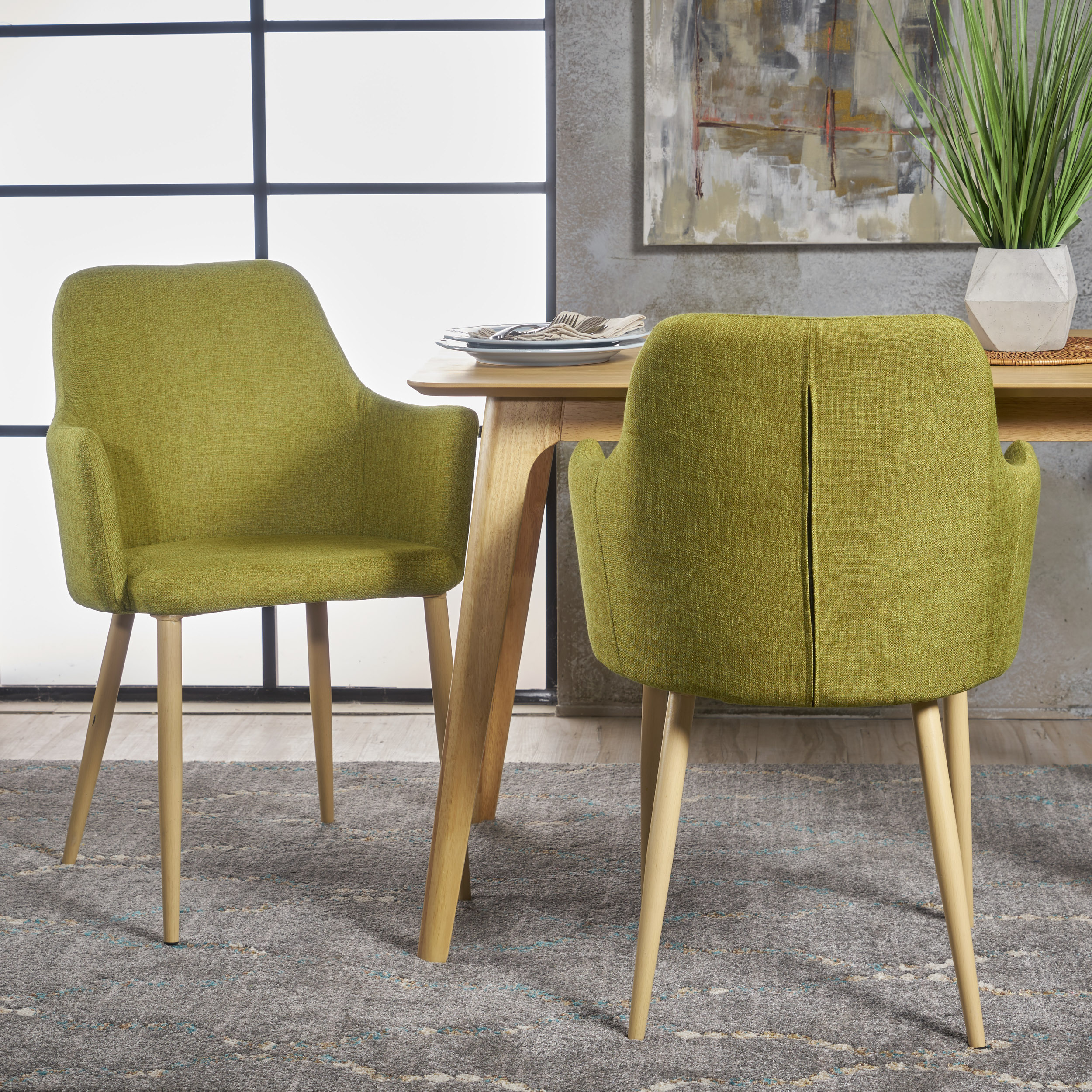 Mid Century Modern Fabric Upholstered Dining Chairs Armchairs, Set Of 2, Green And Light Walnut