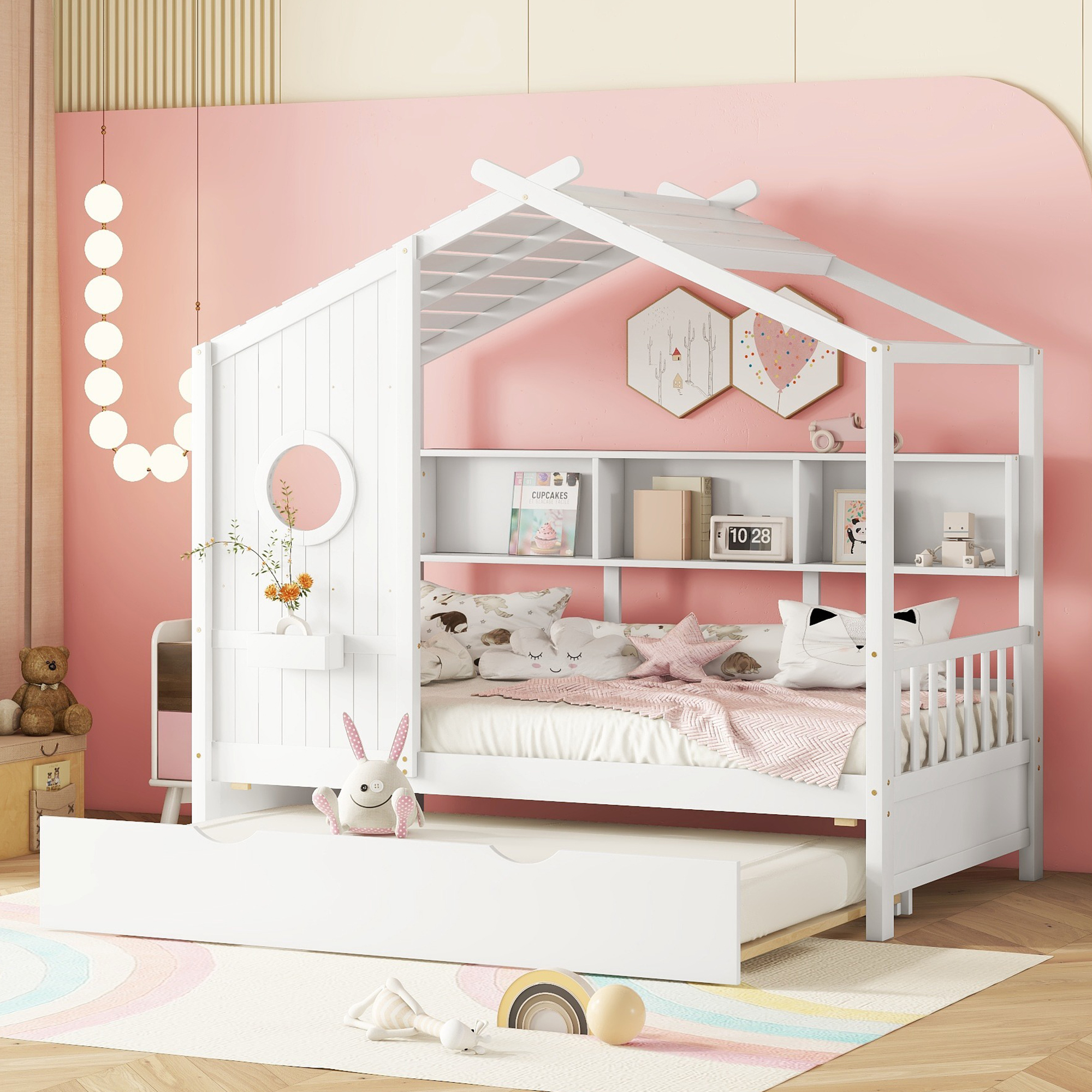 Wooden Twin Size House Bed With Trundle, Modern Design For Kids With Storage Shlef, White Old SKU HL000094AAK