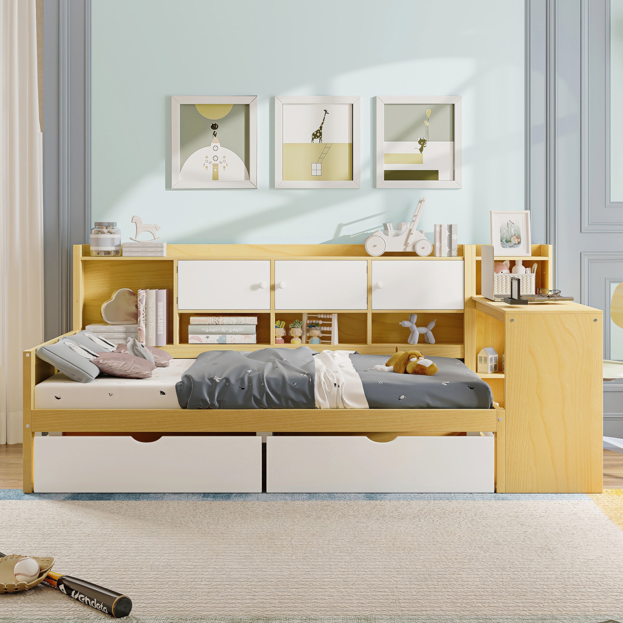 Wooden L-Shape Daybed With Seven Storage Cabinets And Two