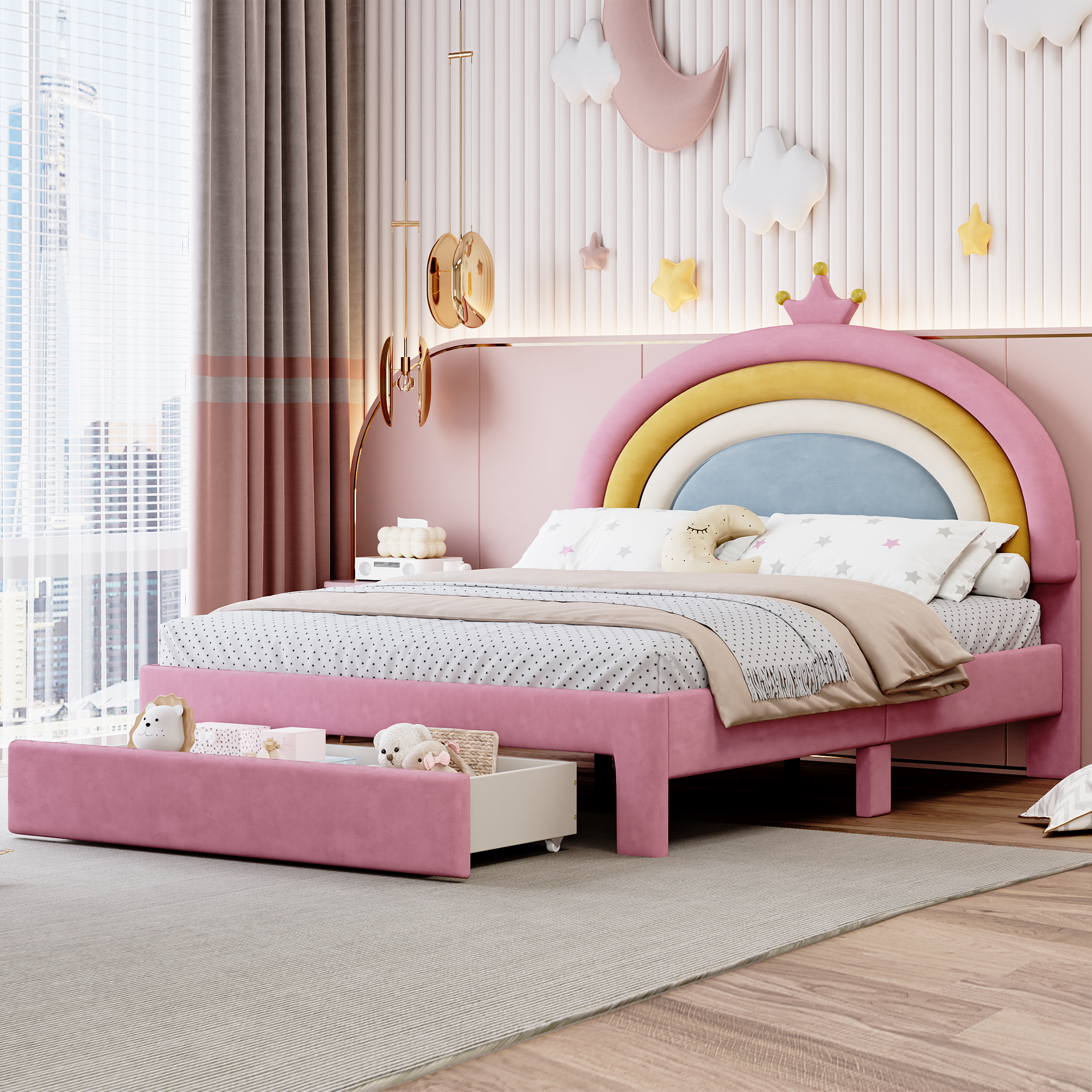 Full Size Upholstered Rainbow Design Bed, Velvet Princess Platform Bed With Storage Drawer, No Box-spring Needed,Colorful&Pink