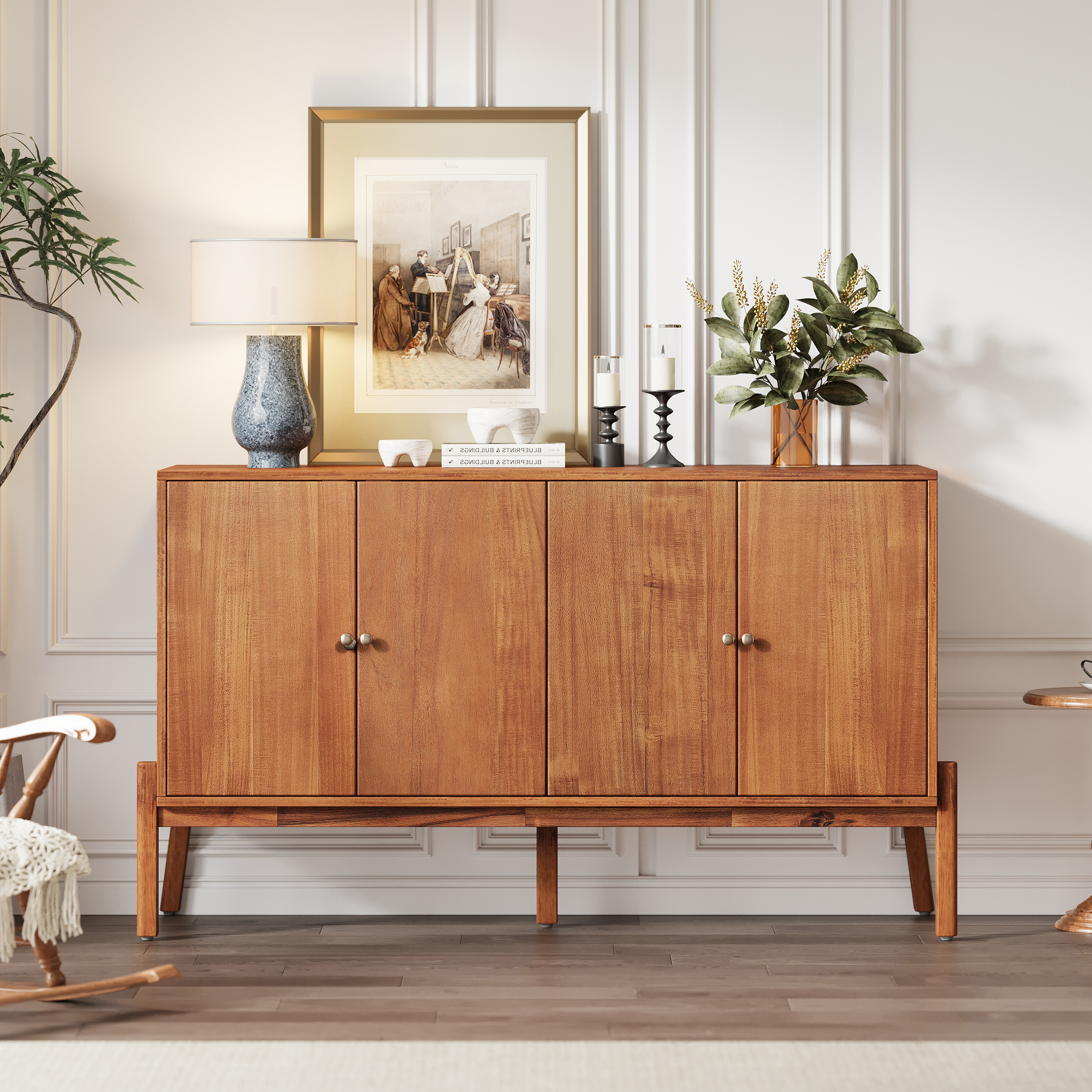 Vintage Sideboard Buffet Cabinet, 56.8 W X 18 D X 34.2 H, 4-Door Storage Cabinet With Metal Handles, MDF & Acacia Veneer, Brown Finish For Dining Room Or Living Room