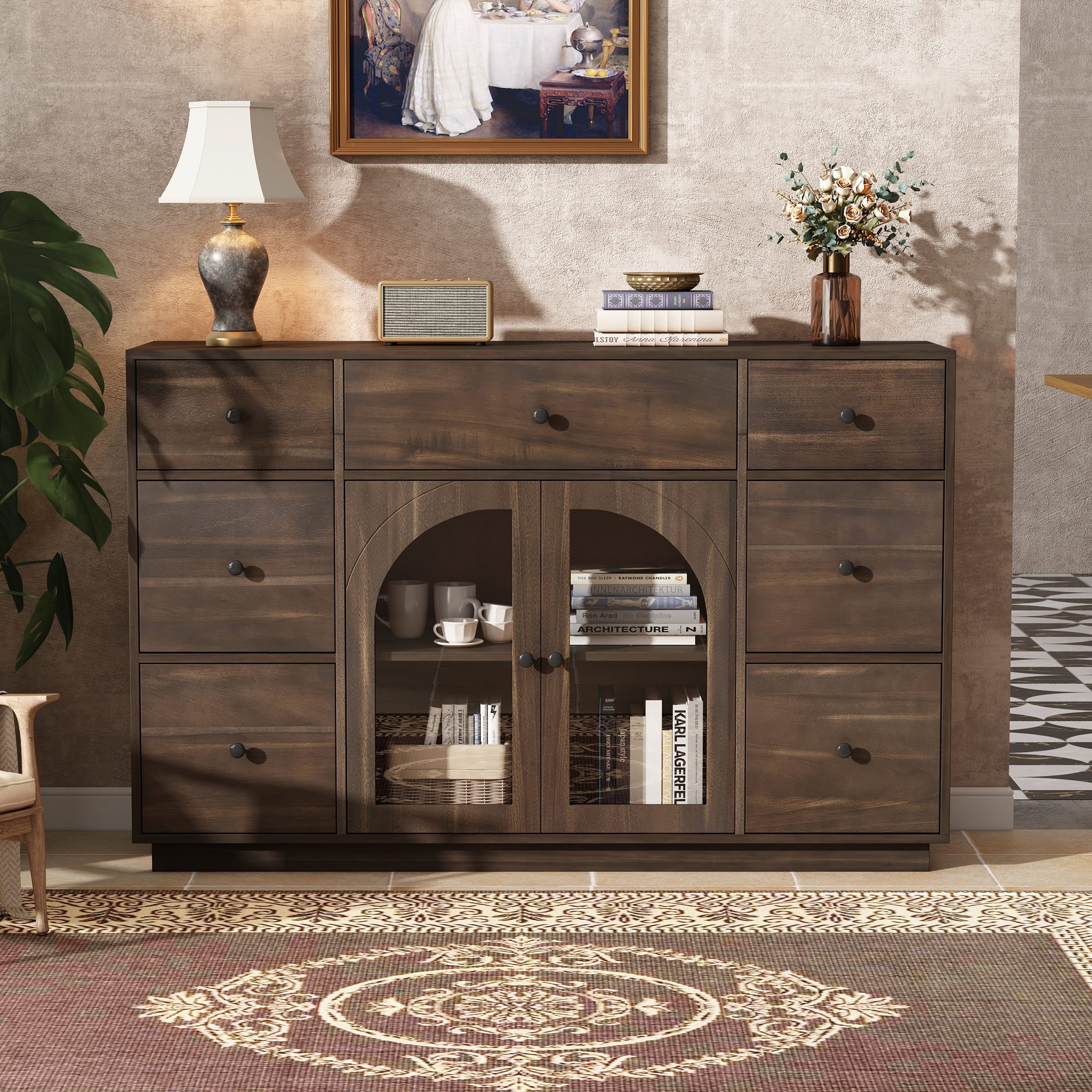 Cabinet With Storage For Living And Dining Room Entrance, Large Size, 2 Doors And 7 Drawers, Dark Brown