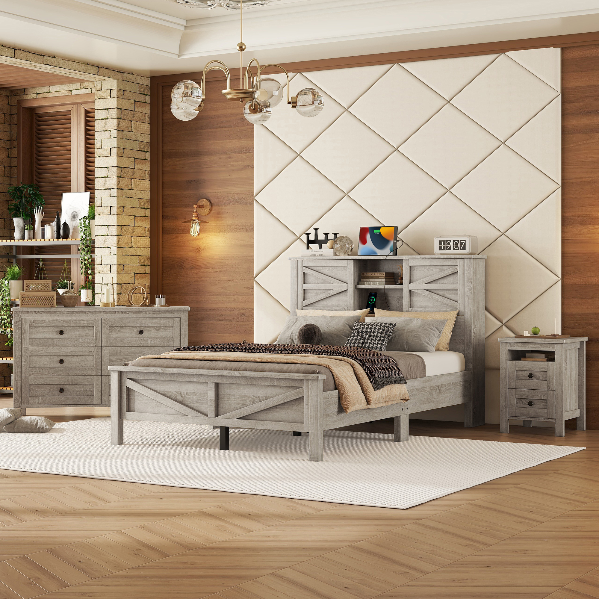 3-Pieces Bedroom Sets Full Size Farmhouse Platform Bed With Double Sliding Door Storage Headboard And Charging Station, Storage Nightstand And Dresser, Antique Gray Old SKU HL000091AAG