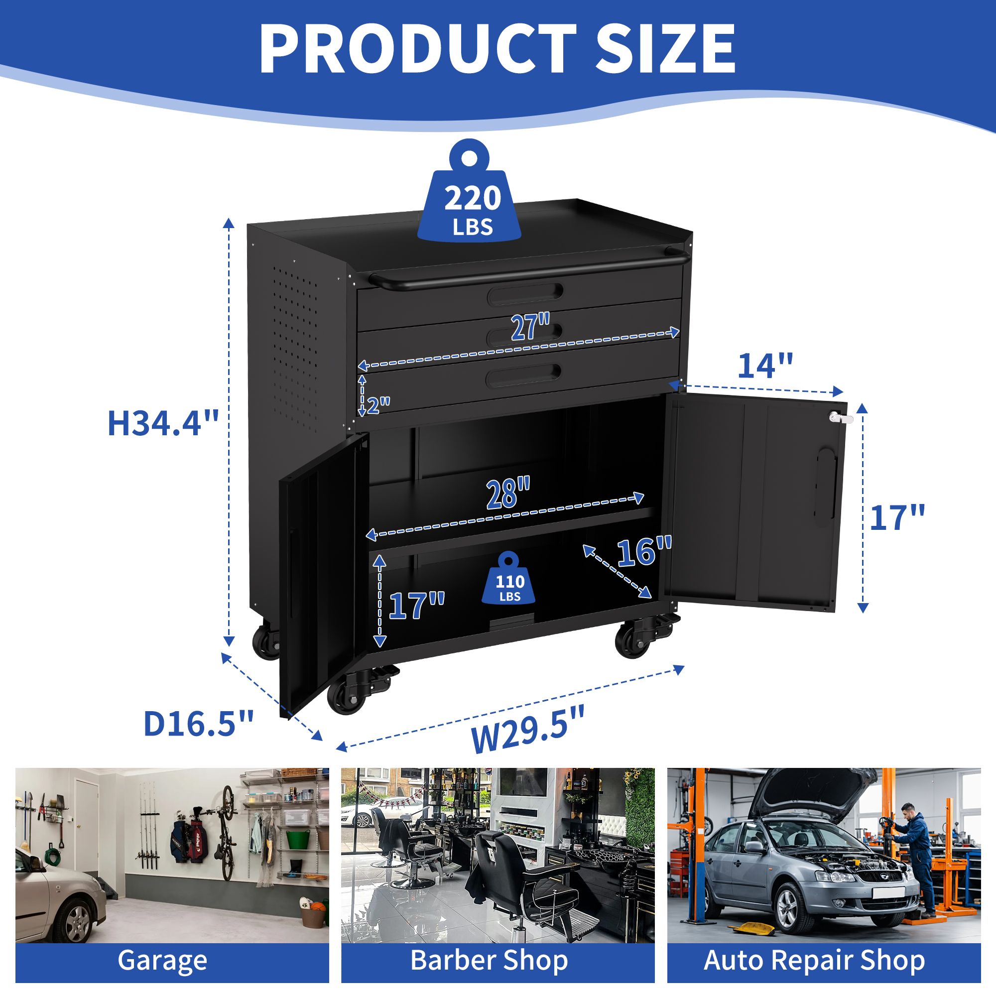 34.3 Rolling Metal Tool Cabinet - Heavy Duty Garage Storage With Lockable Doors & 3 Drawers, Mobile Workbench Organizer For Garage, Workshop, Home detail